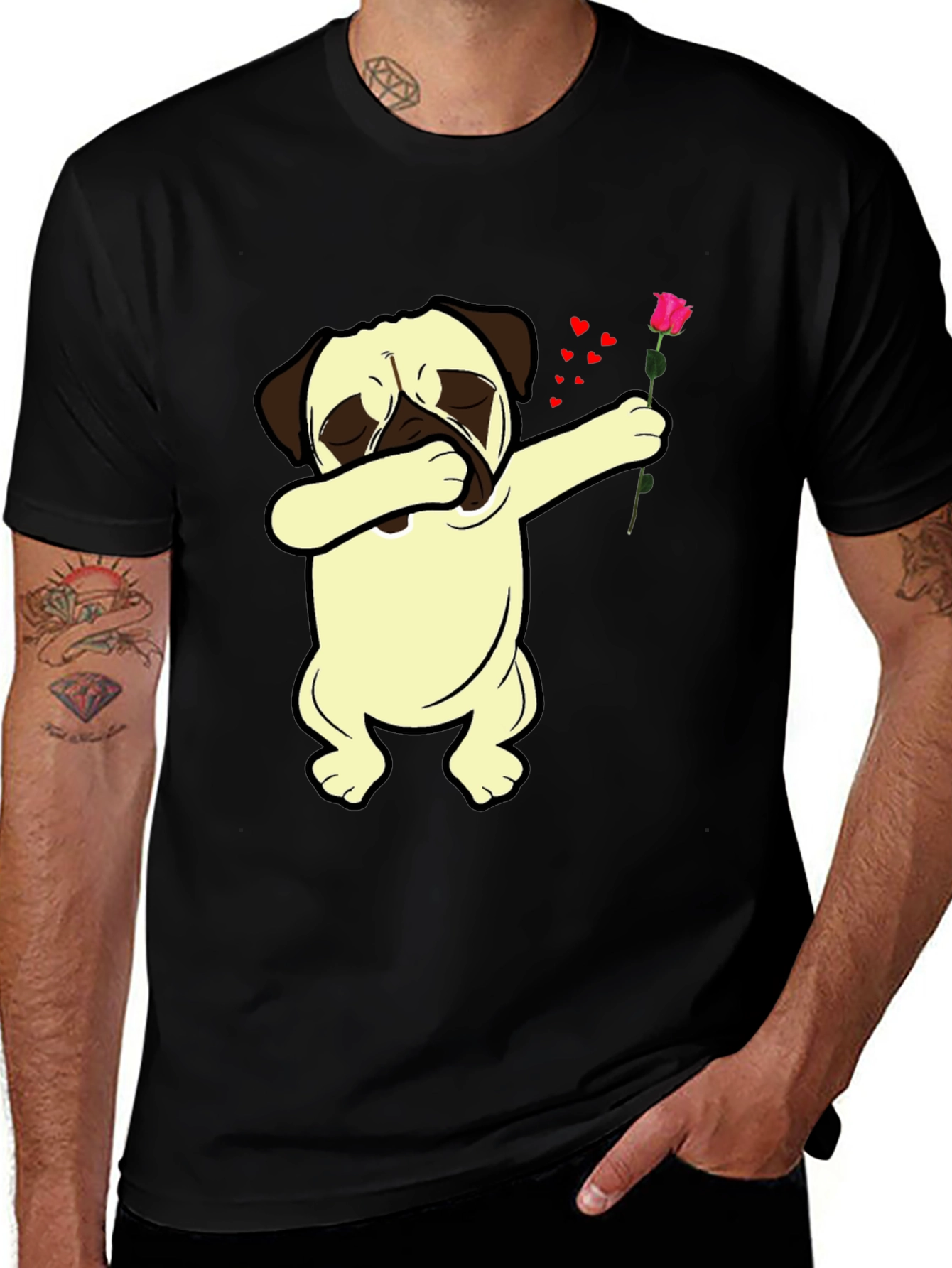 Black Dabbing Pug T-Shirt with Rose main image