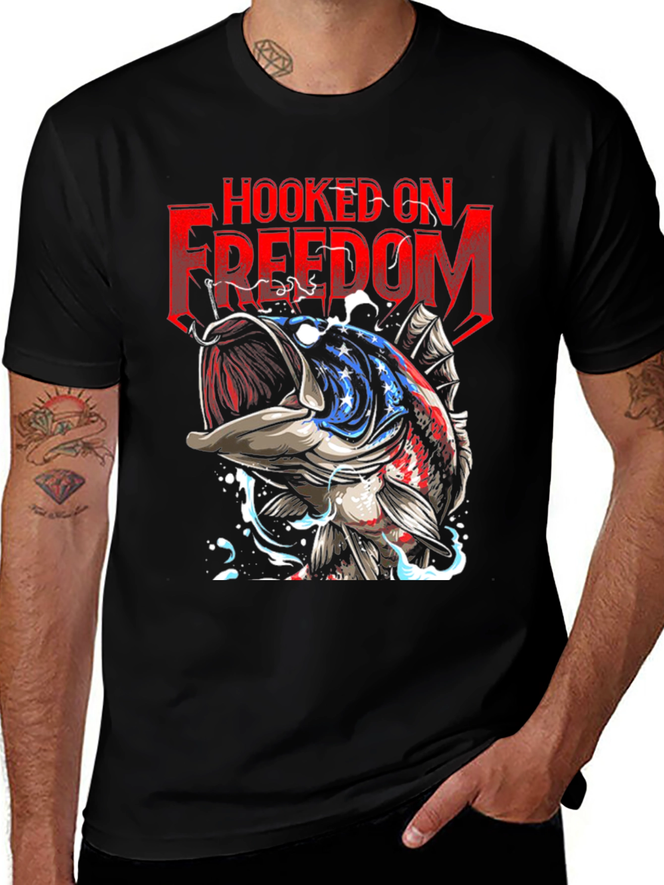 Hooked on Freedom Patriotic Fish Graphic Tee