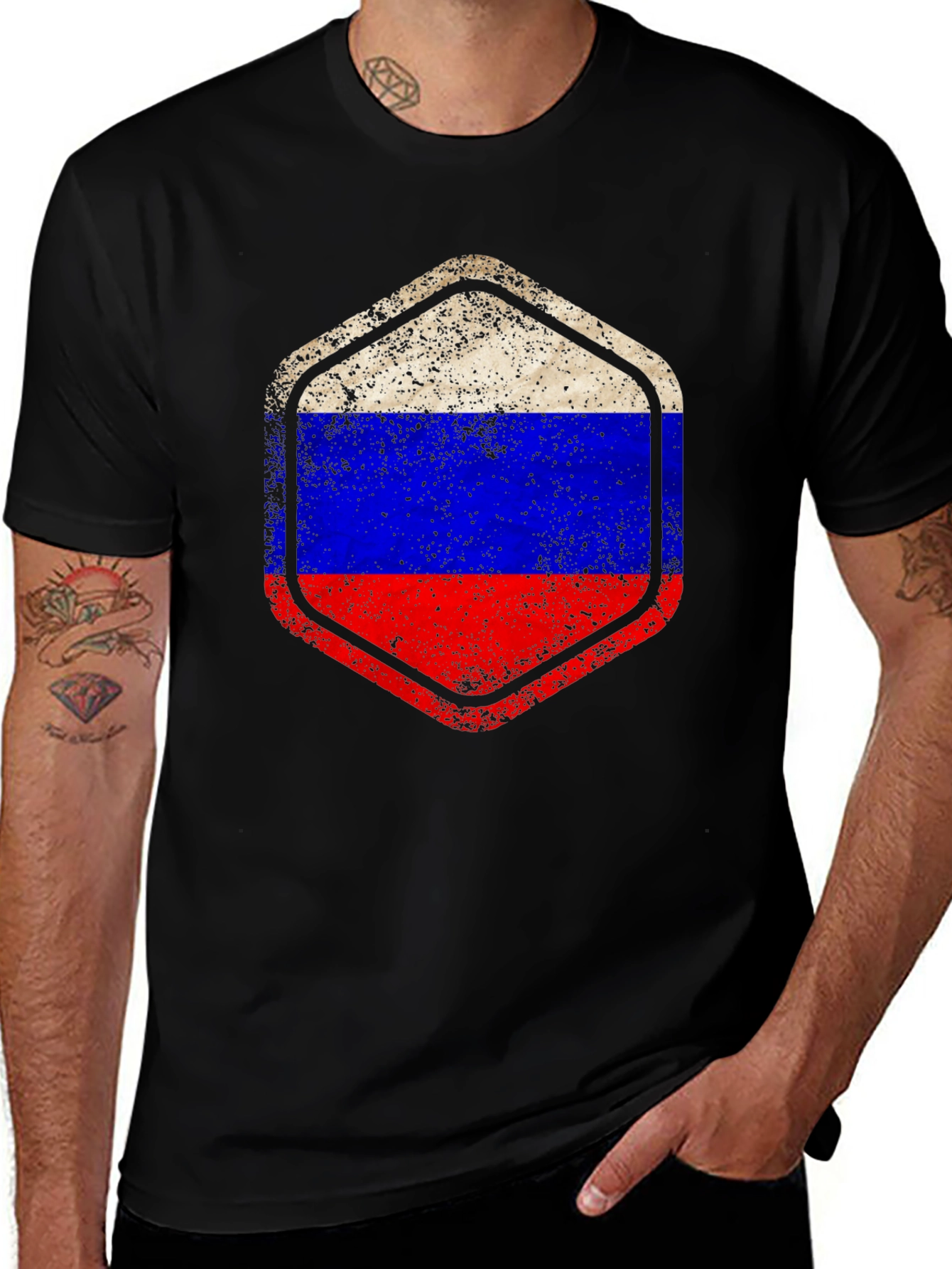 Russia Flag Hexagon T-Shirt - Distressed Vintage Look
