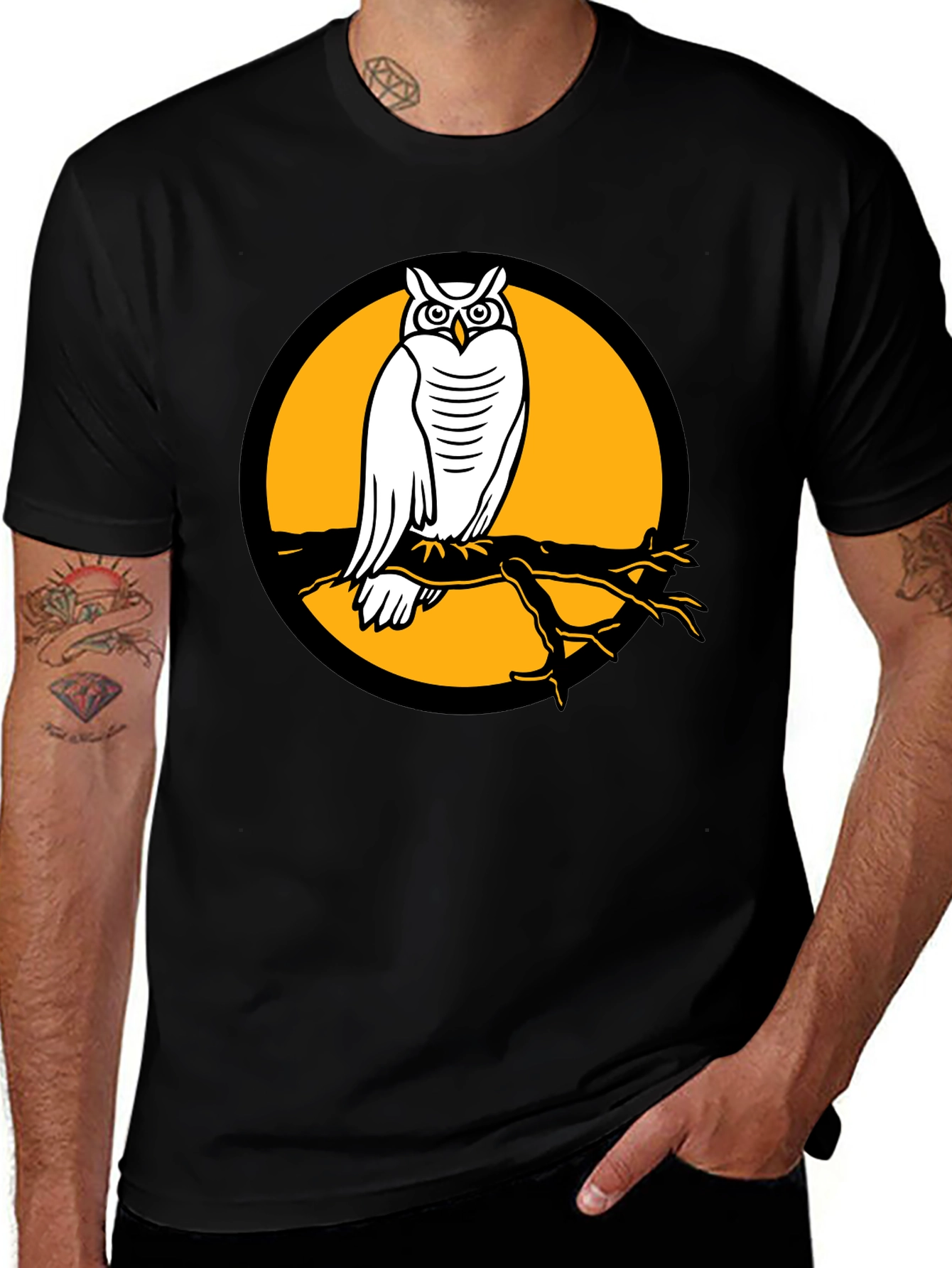Variant 28 of Owl on Branch Graphic Tee - Black Cotton Shirt