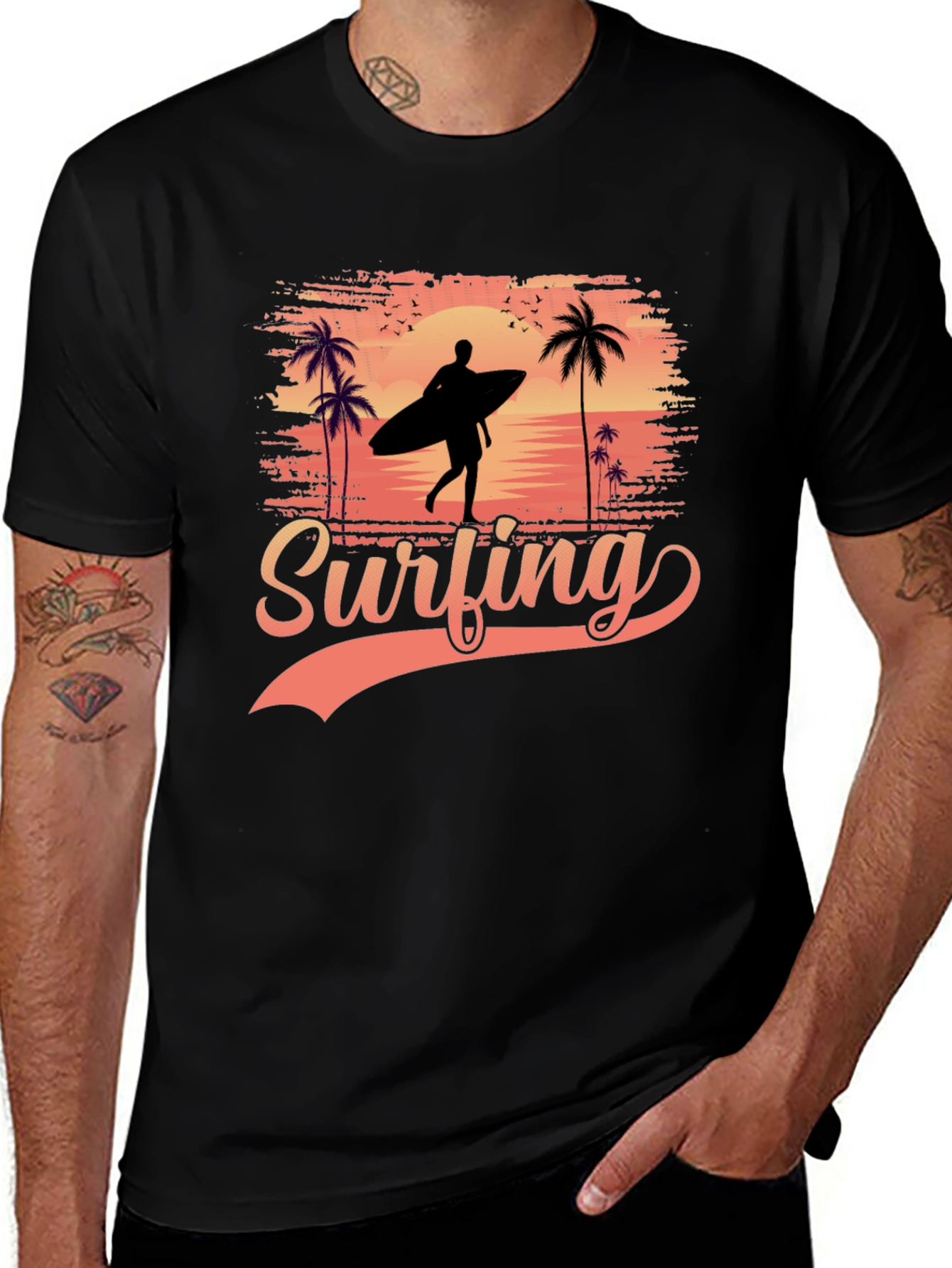 Variant 14 of Surfing Silhouette Graphic Tee - Tropical Beach Design