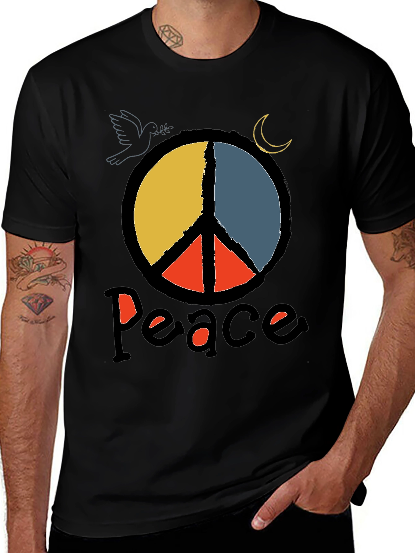 Variant 9 of Peace Symbol Graphic Tee - Black Crewneck T-Shirt