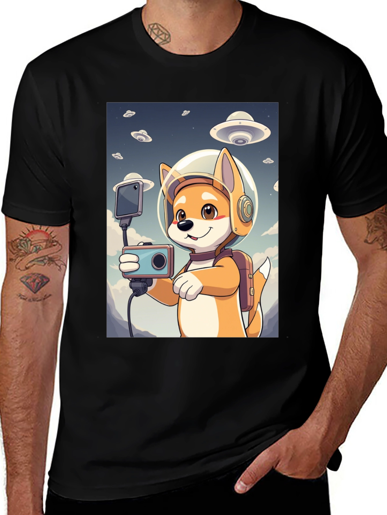 Dog Astronaut Selfie Black T-Shirt