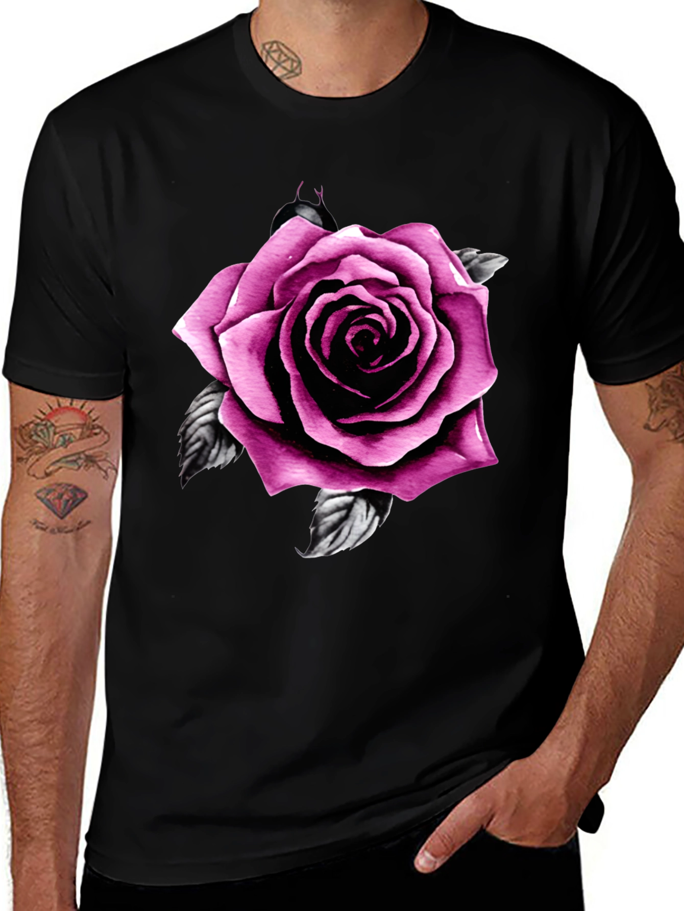 Variant 8 of Men's Black T-Shirt with Pink Rose Design