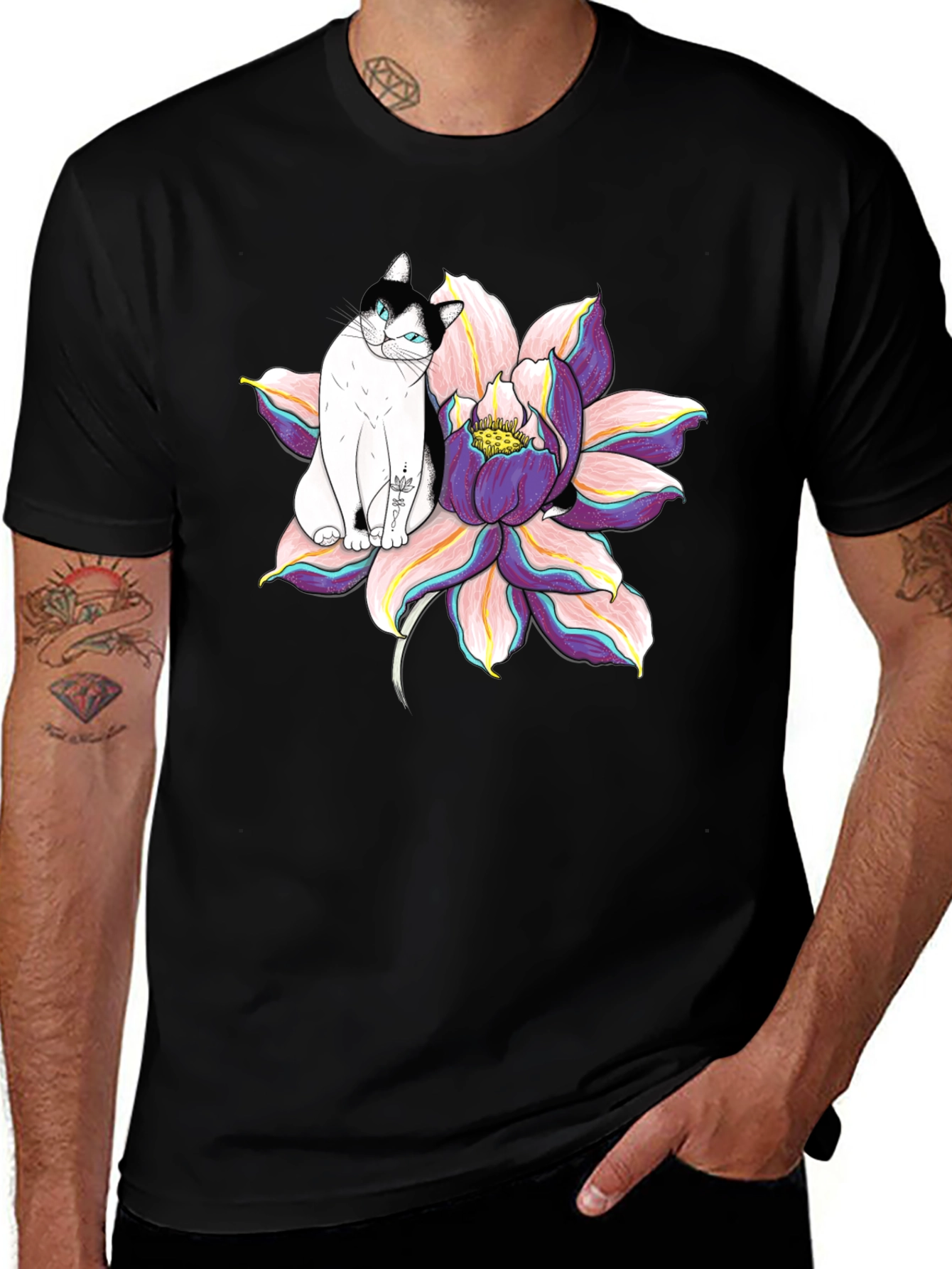 Variant 13 of Black T-Shirt with Cat and Lotus Flower Graphic
