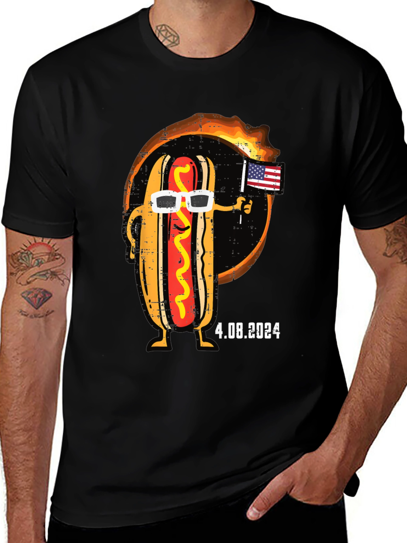 Variant 23 of Cool Hot Dog T-Shirt - American Flag & Sunglasses