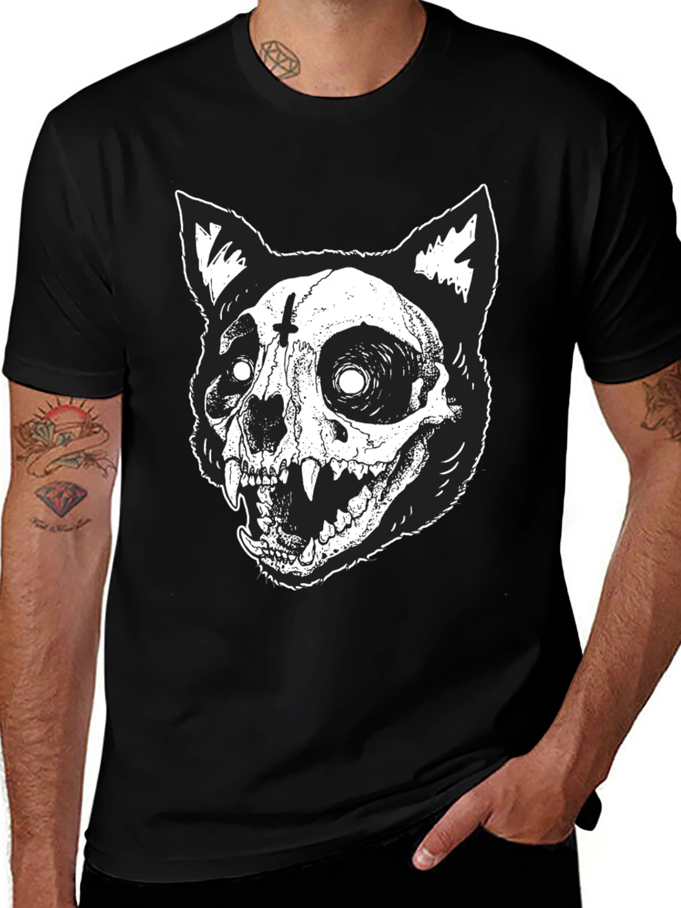 Gothic Cat Skull Graphic Print Black T-Shirt