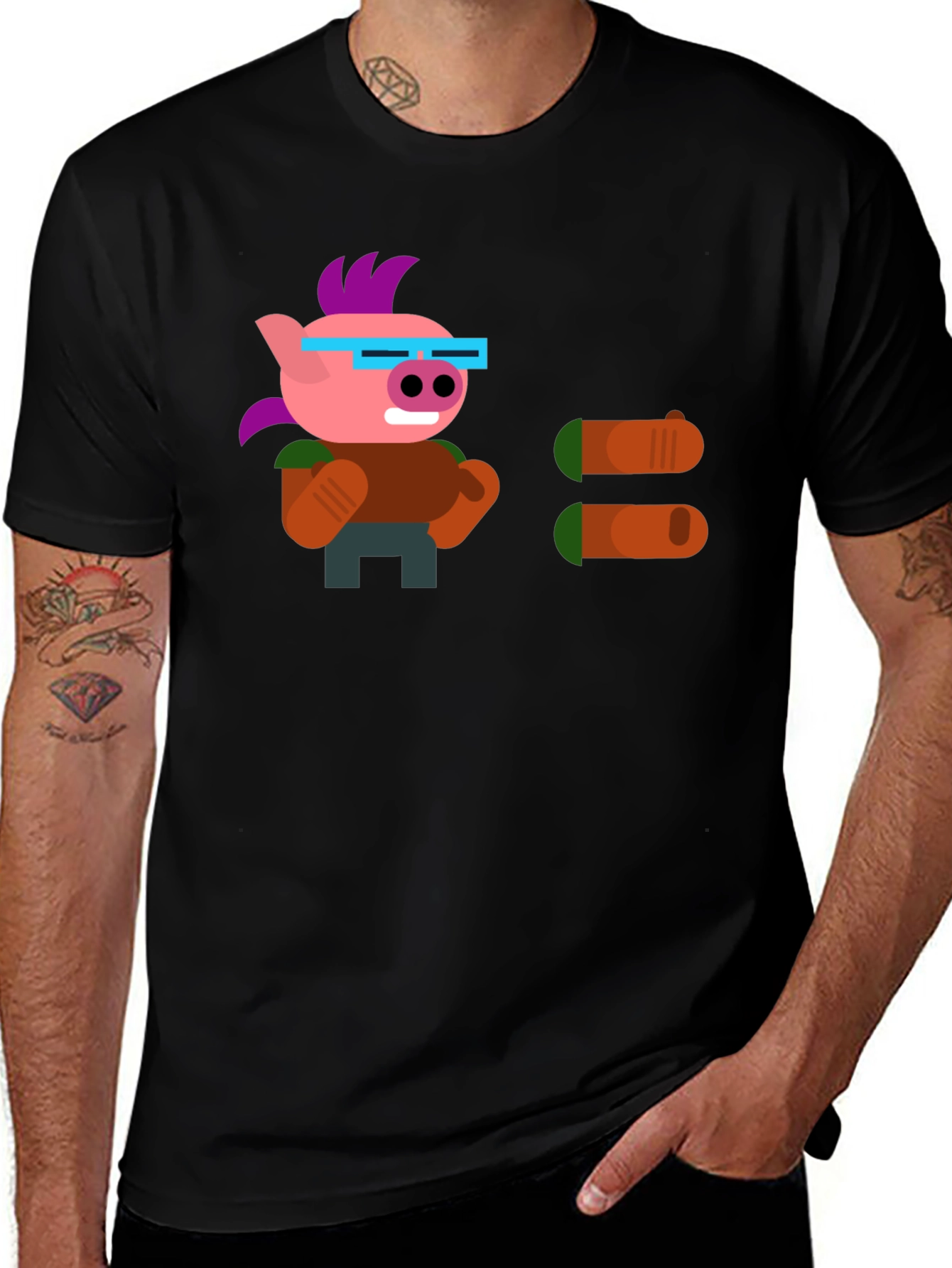 Variant 22 of Black Tee with Retro Cartoon Pig