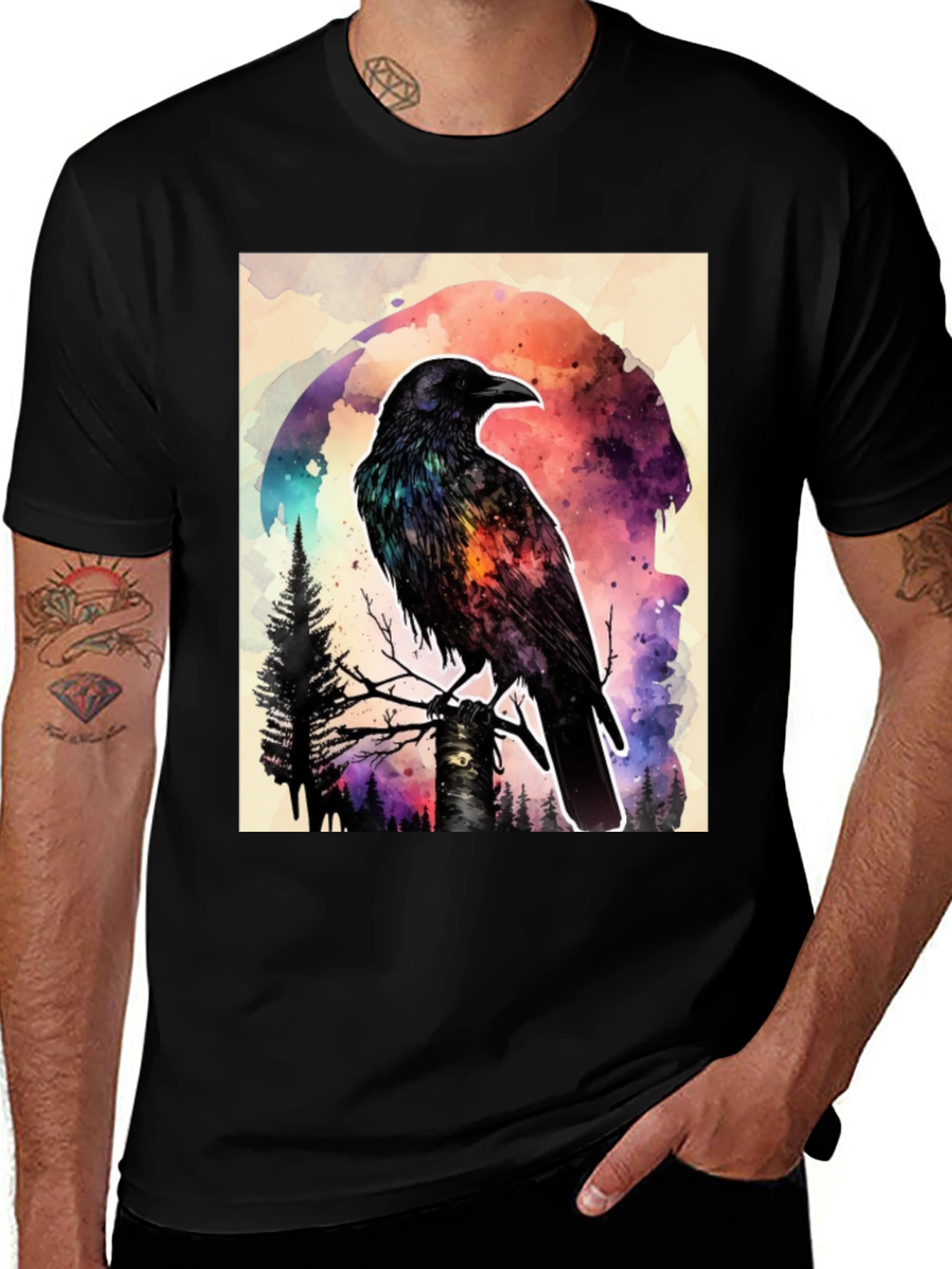 Variant 22 of Raven Watercolor Graphic Tee - Men's Black T-Shirt