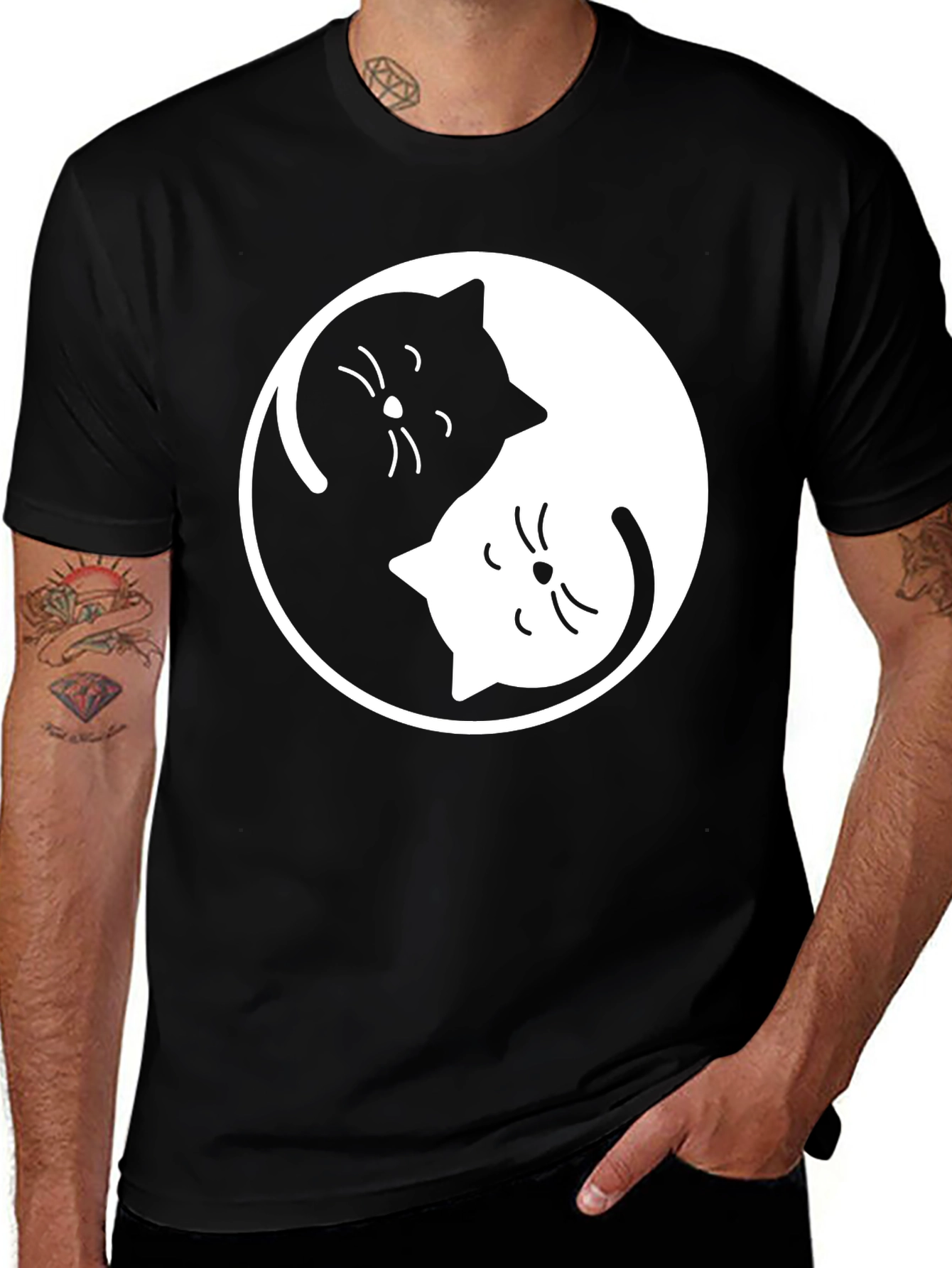 Variant 9 of Yin Yang Cats Graphic Tee - Black Cotton Blend