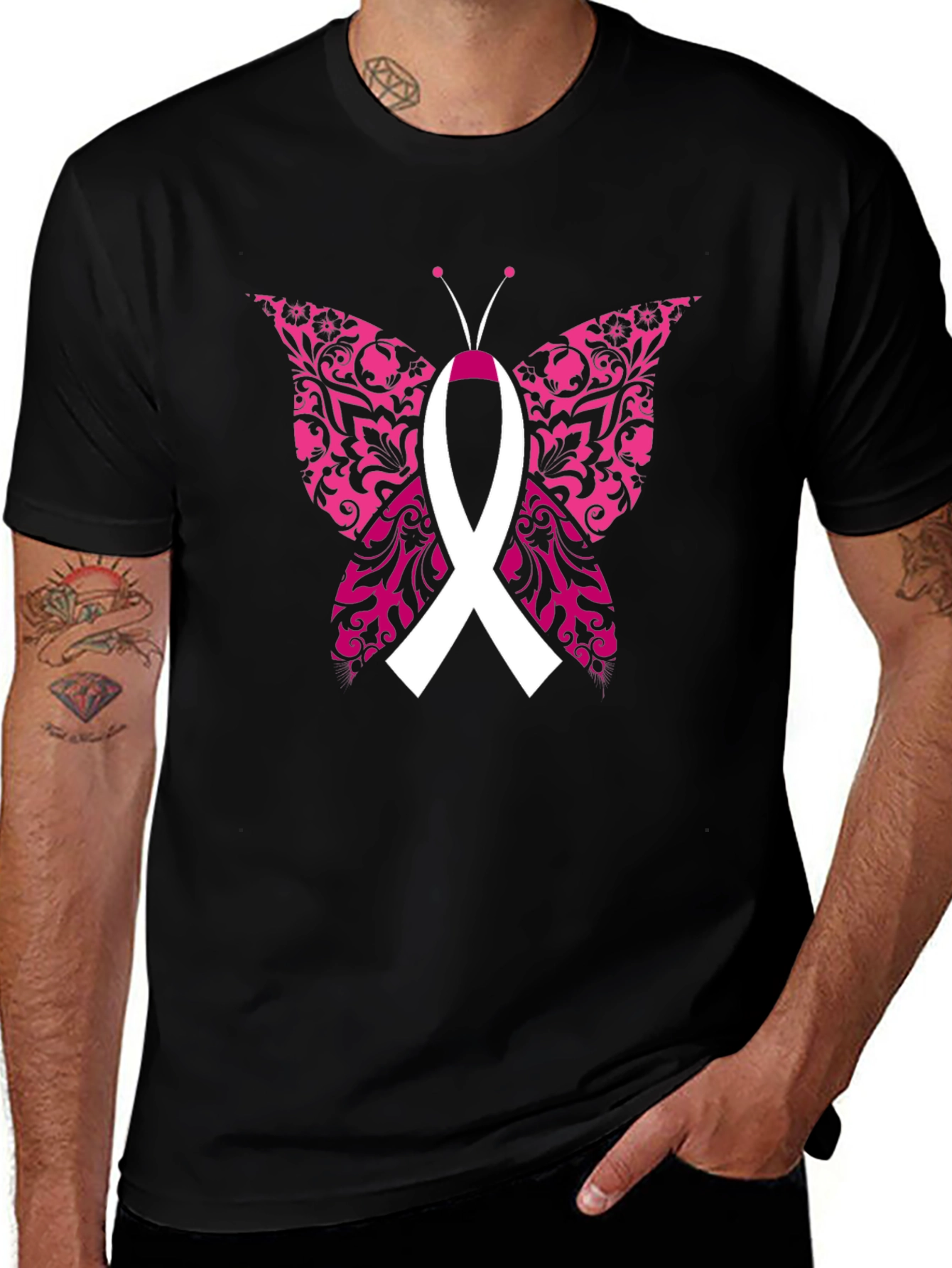 Variant 10 of Pink Ribbon Butterfly Graphic T-Shirt