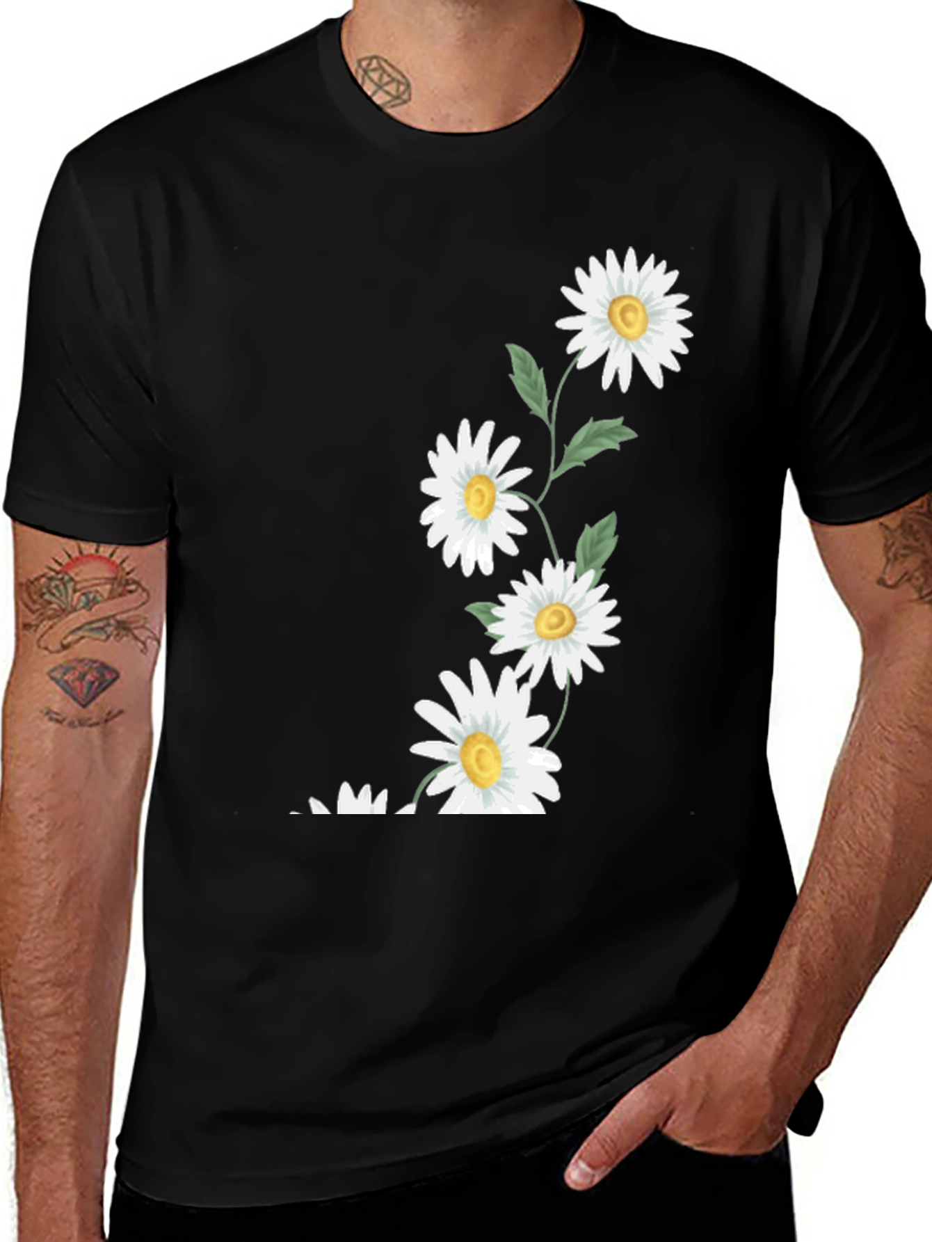 Variant 6 of Daisy Print Black T-Shirt - Casual Floral Tee