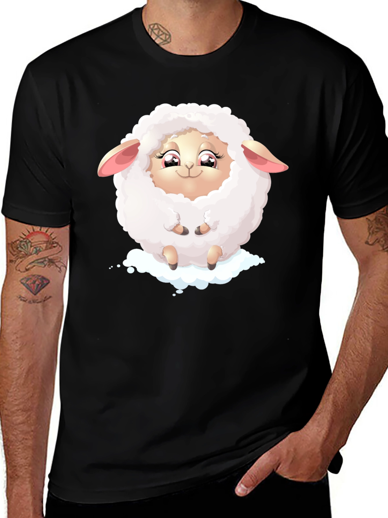 Cute Sheep Graphic Tee - Black Cotton Blend
