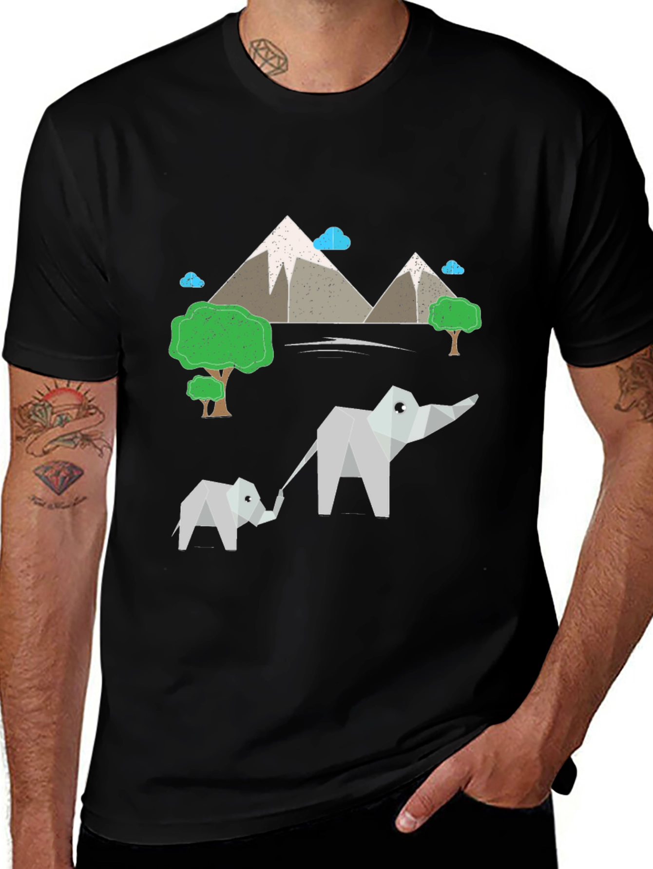 Variant 5 of Origami Elephant & Mountain Black T-Shirt