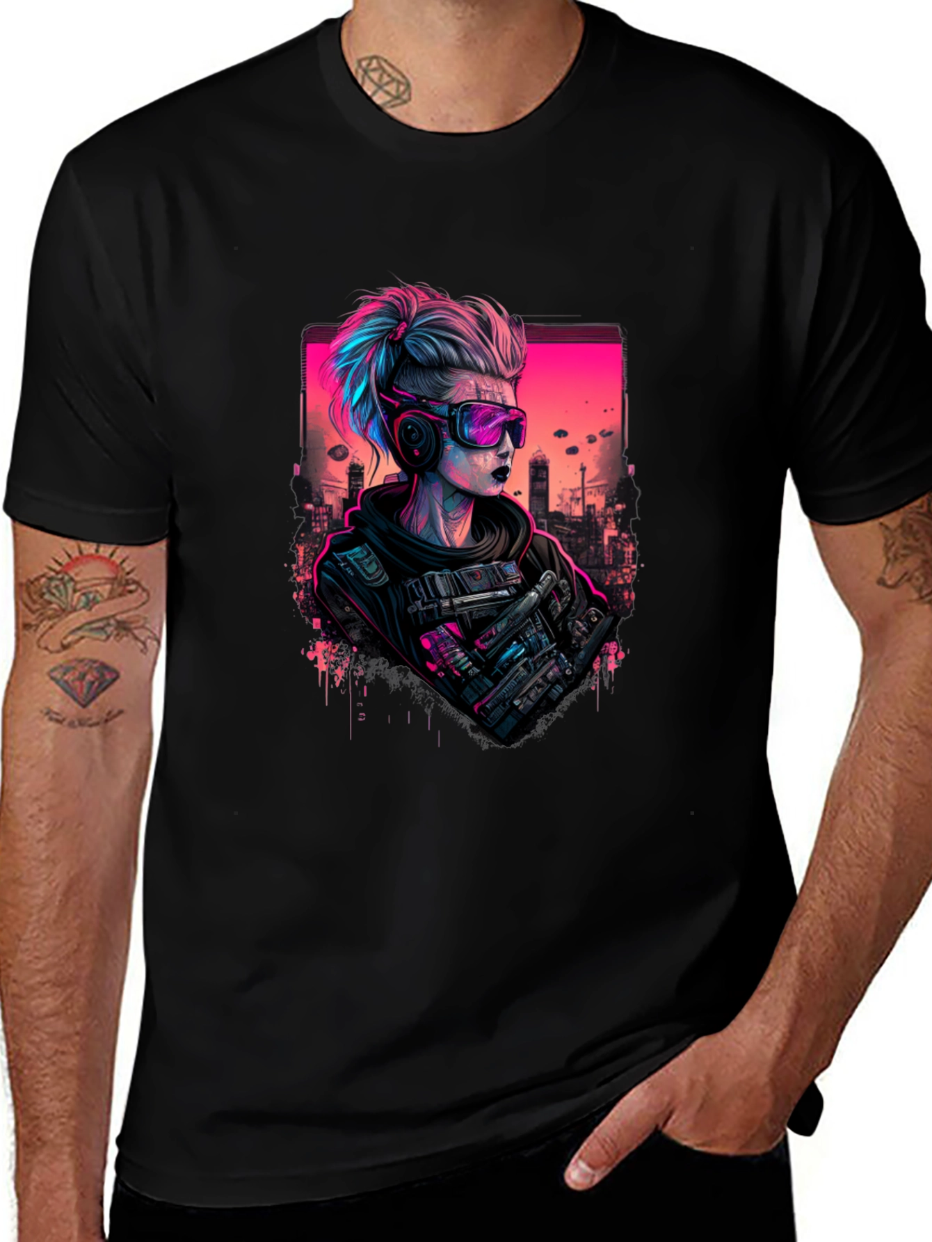 Variant 22 of Cyberpunk Girl Graphic Print Black T-Shirt