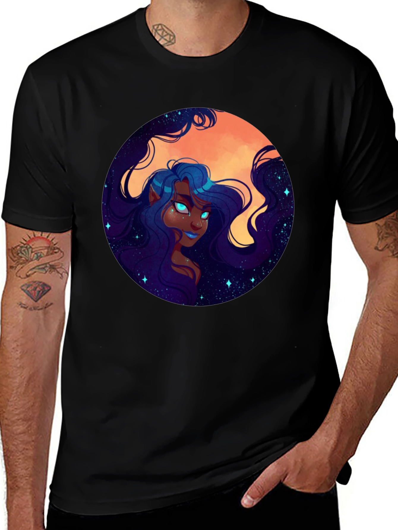 Celestial Maiden Graphic Print Black T-Shirt