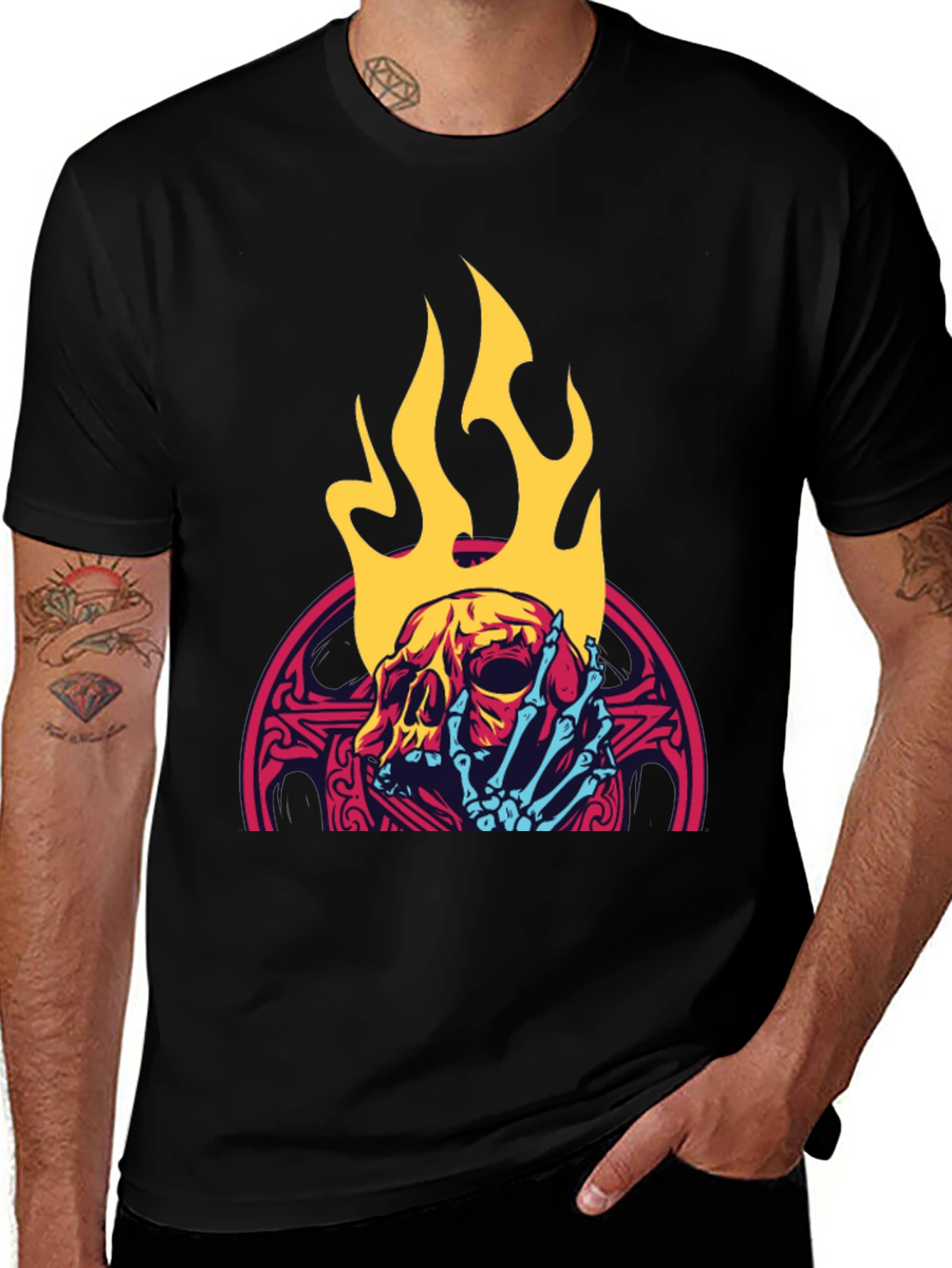 Black Skull & Flames Graphic Tee - Cool & Edgy main image