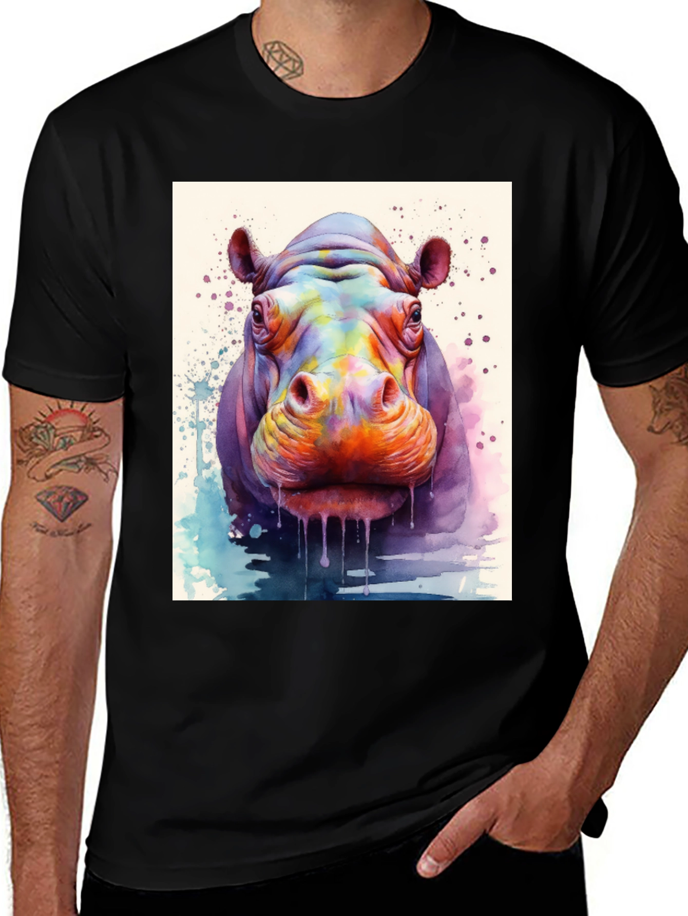 Variant 11 of Hippo Watercolor Graphic Tee - Vivid Animal Art