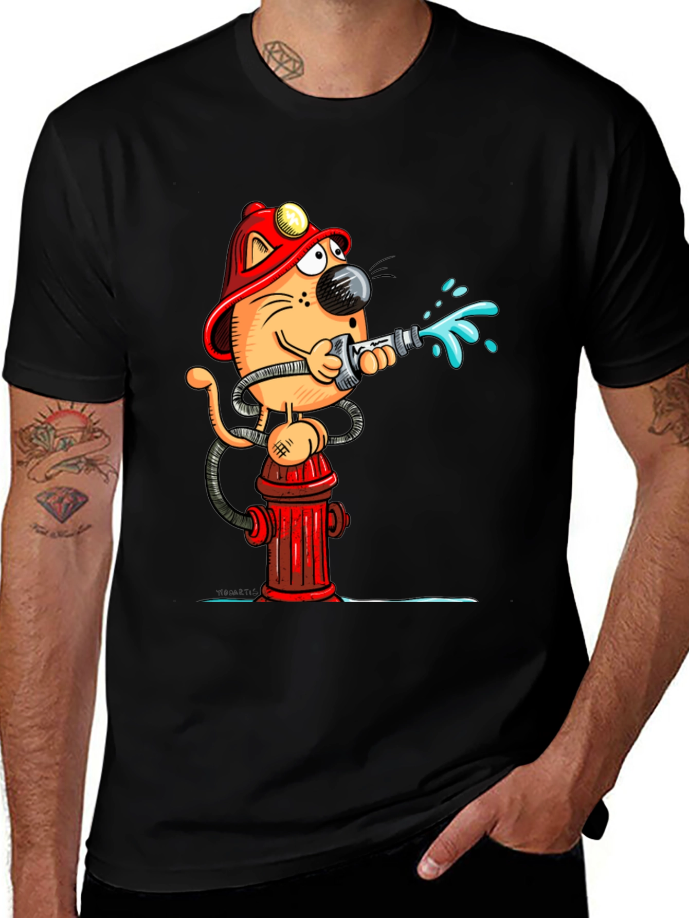 Variant 3 of Cartoon Firefighter Cat Black T-Shirt