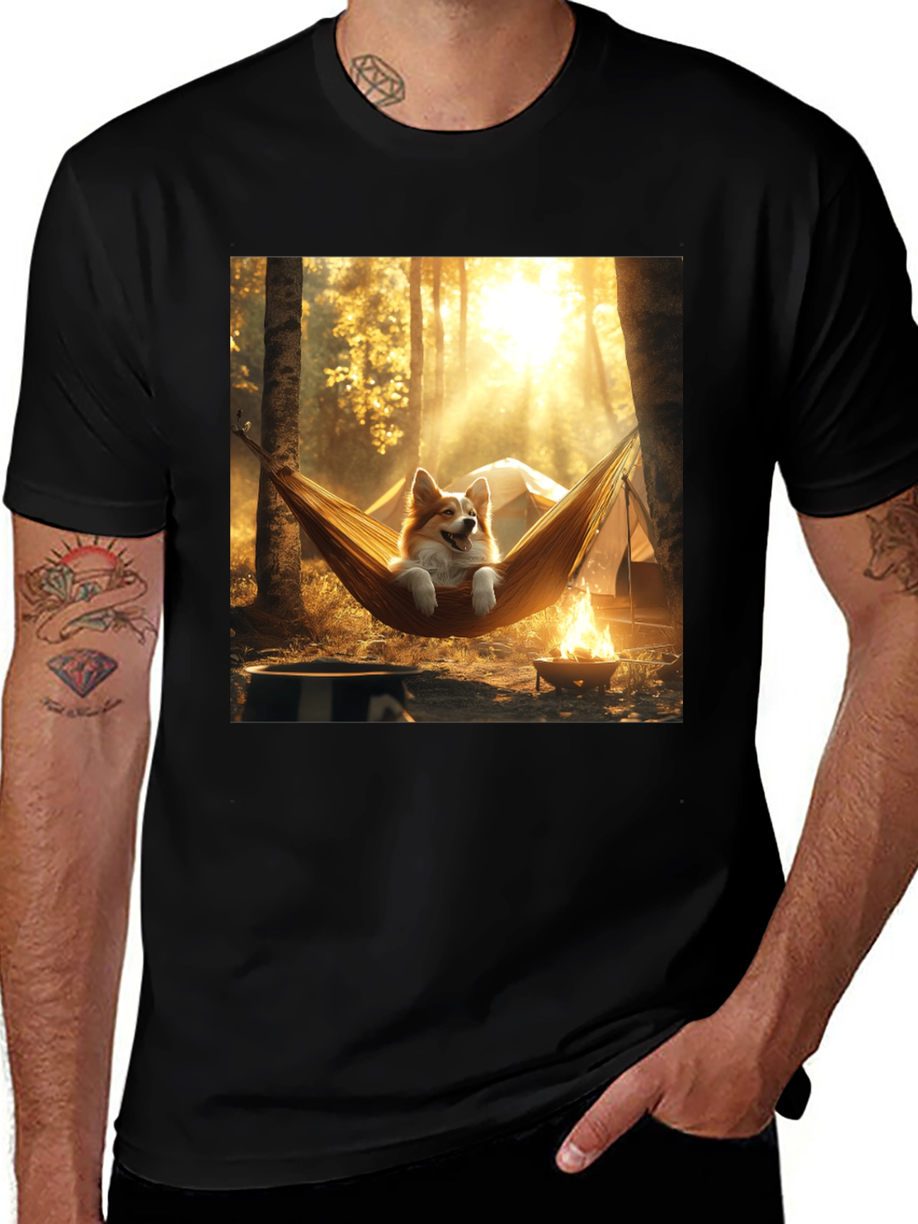 Variant 28 of Corgi Hammock Camping Black T-Shirt
