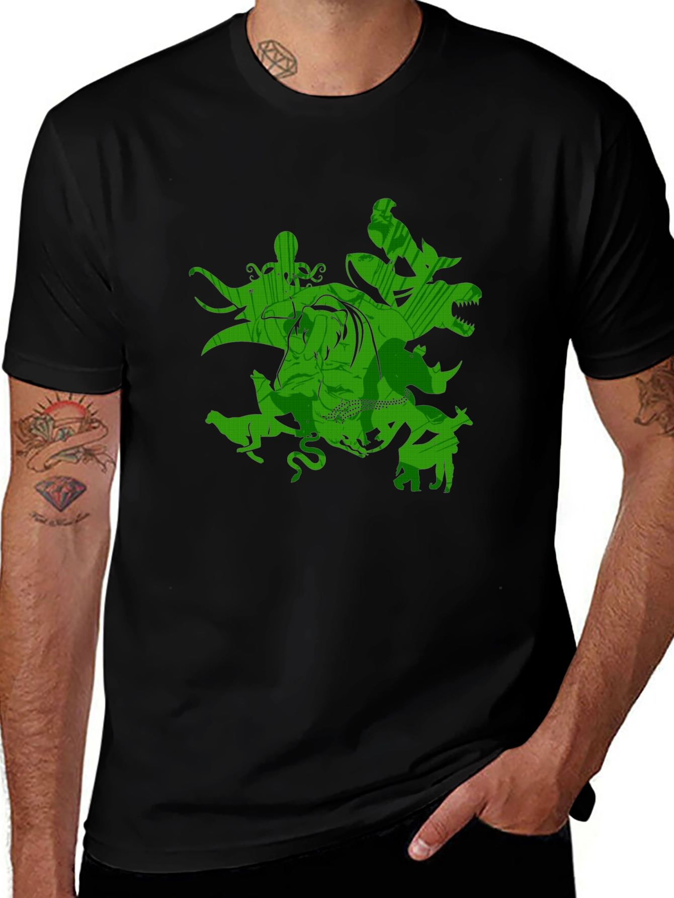 Variant 3 of Men's Black T-Shirt with Green Animal Design