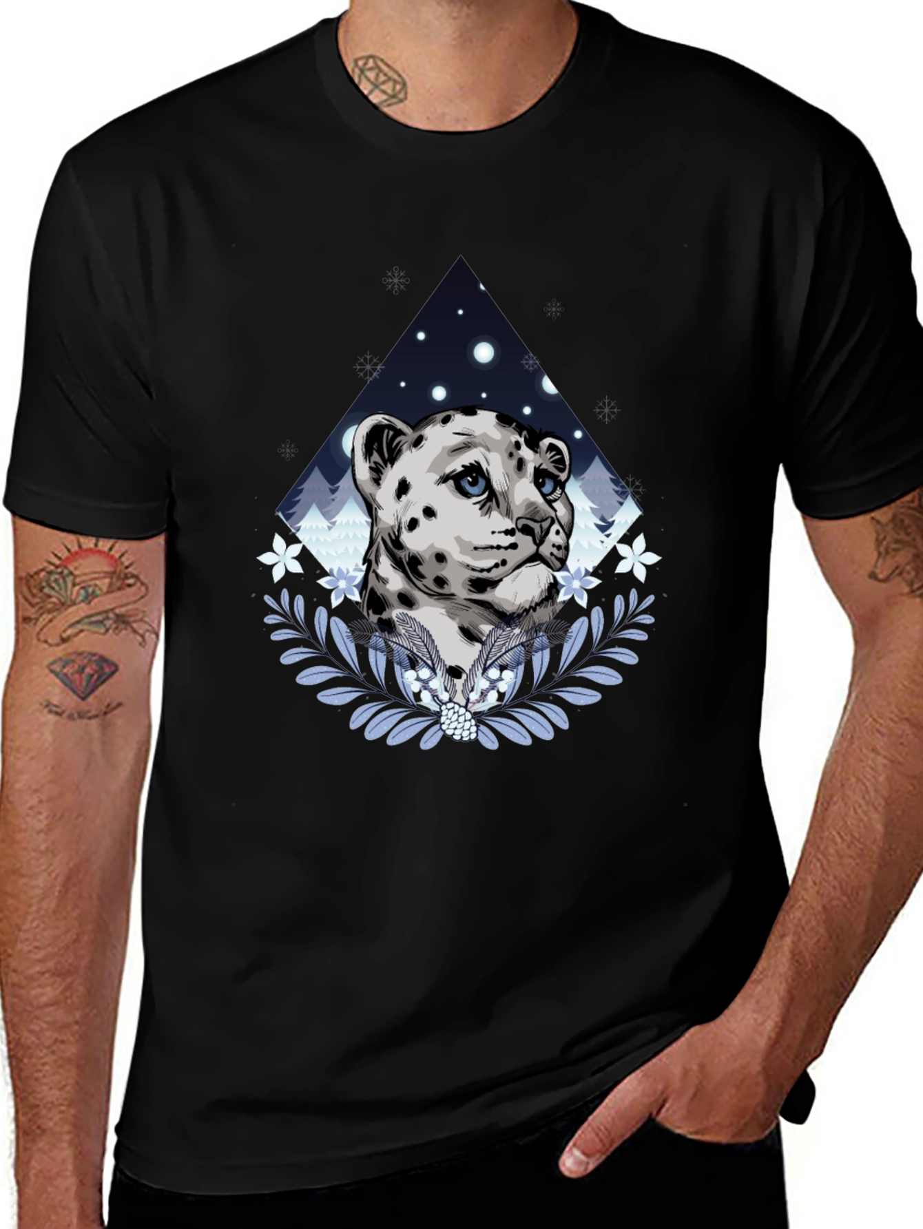 Variant 17 of Snow Leopard Graphic Tee - Stylish Men's Black T-Shirt