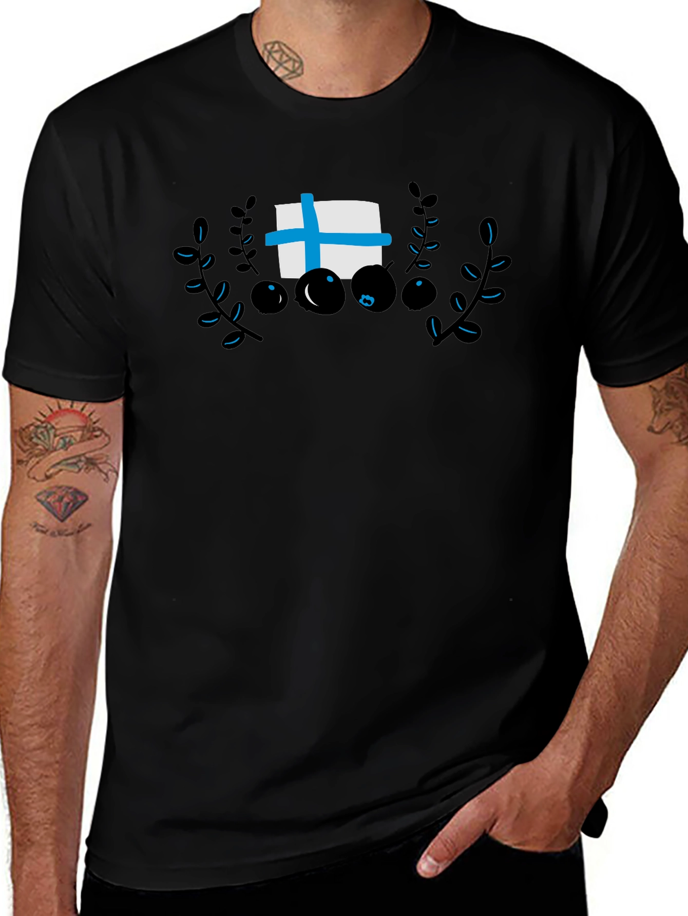Finland Flag & Berry Design Black T-Shirt