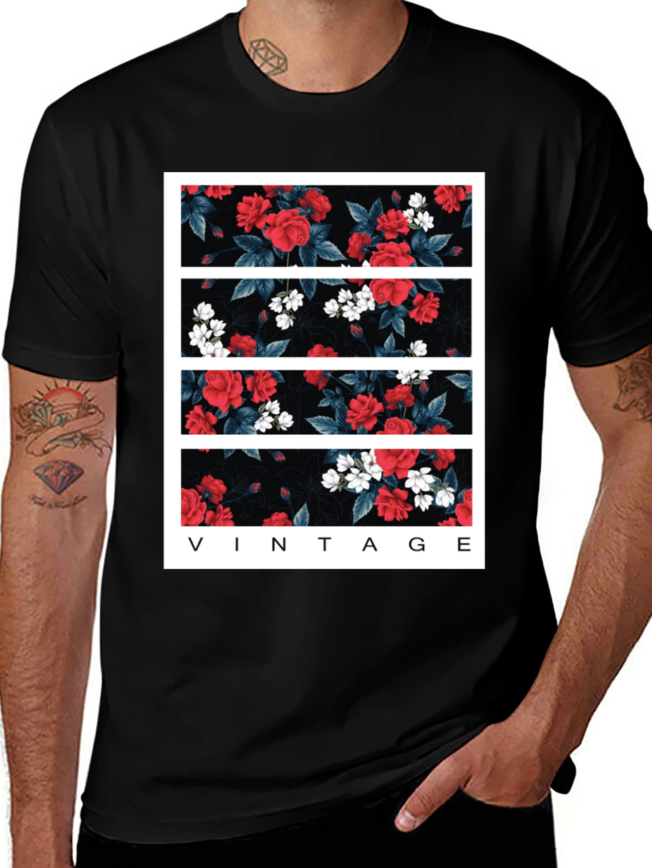Variant 10 of Floral Vintage Print Black T-Shirt