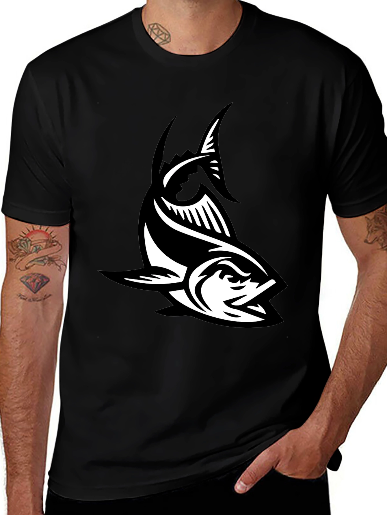 Variant 11 of Black T-Shirt with Bold Fish Graphic