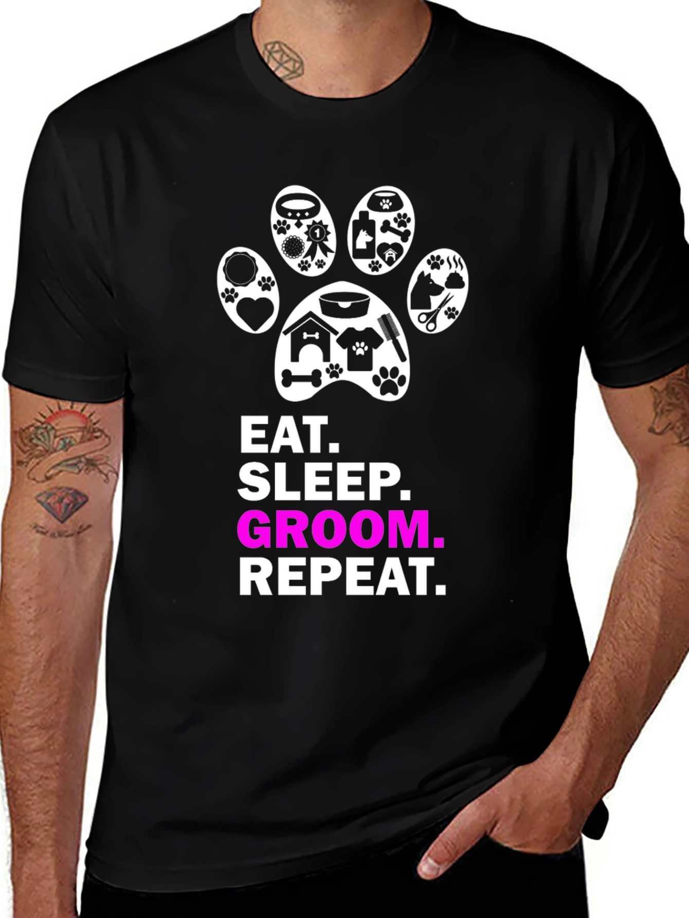Variant 15 of Eat Sleep Groom Repeat Dog Paw Print T-Shirt