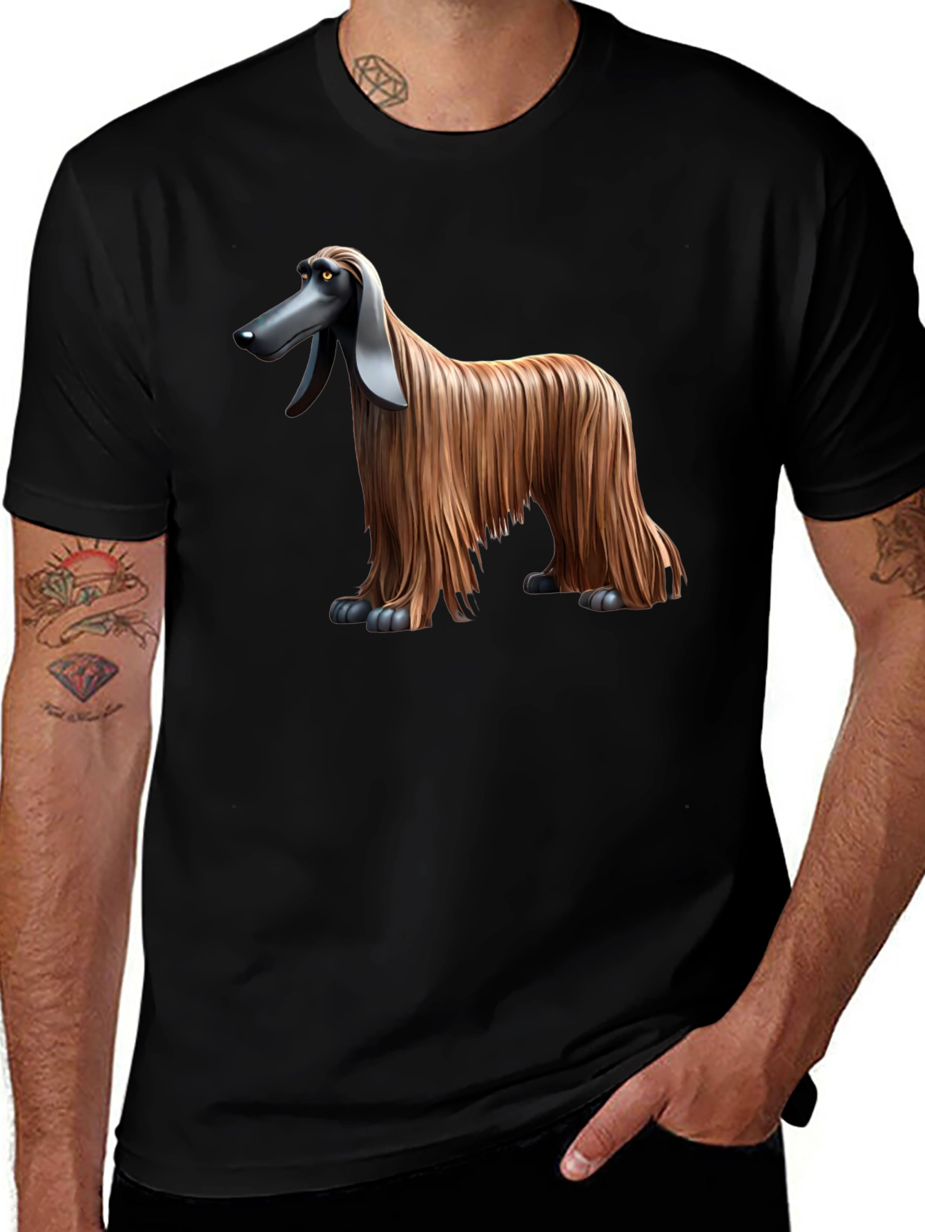 Afghan Hound Dog Cartoon Black T-Shirt