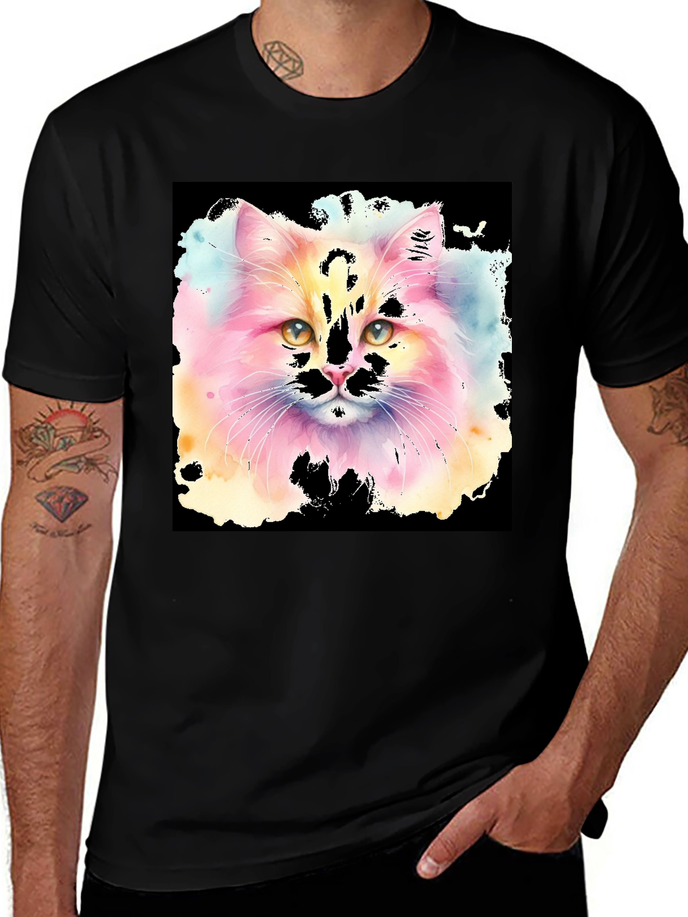 Variant 9 of Watercolor Cat Graphic Tee - Black Cotton T-Shirt