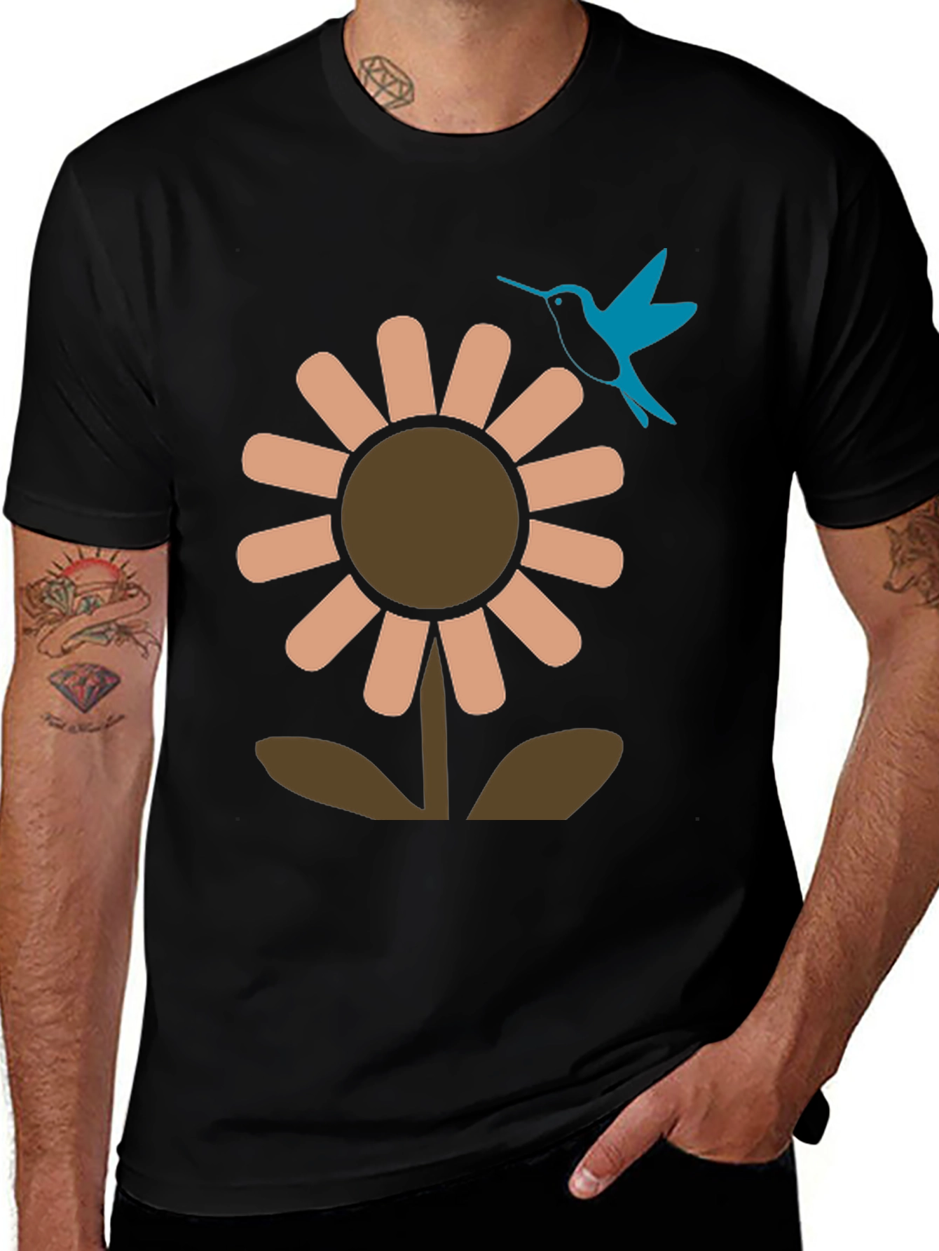 Variant 15 of Black Graphic Tee: Flower & Hummingbird Design