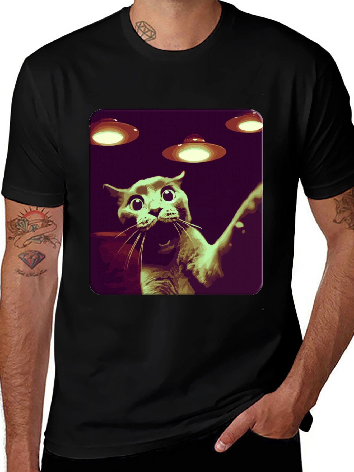 Variant 6 of Alien Cat Abduction Graphic Tee - Black