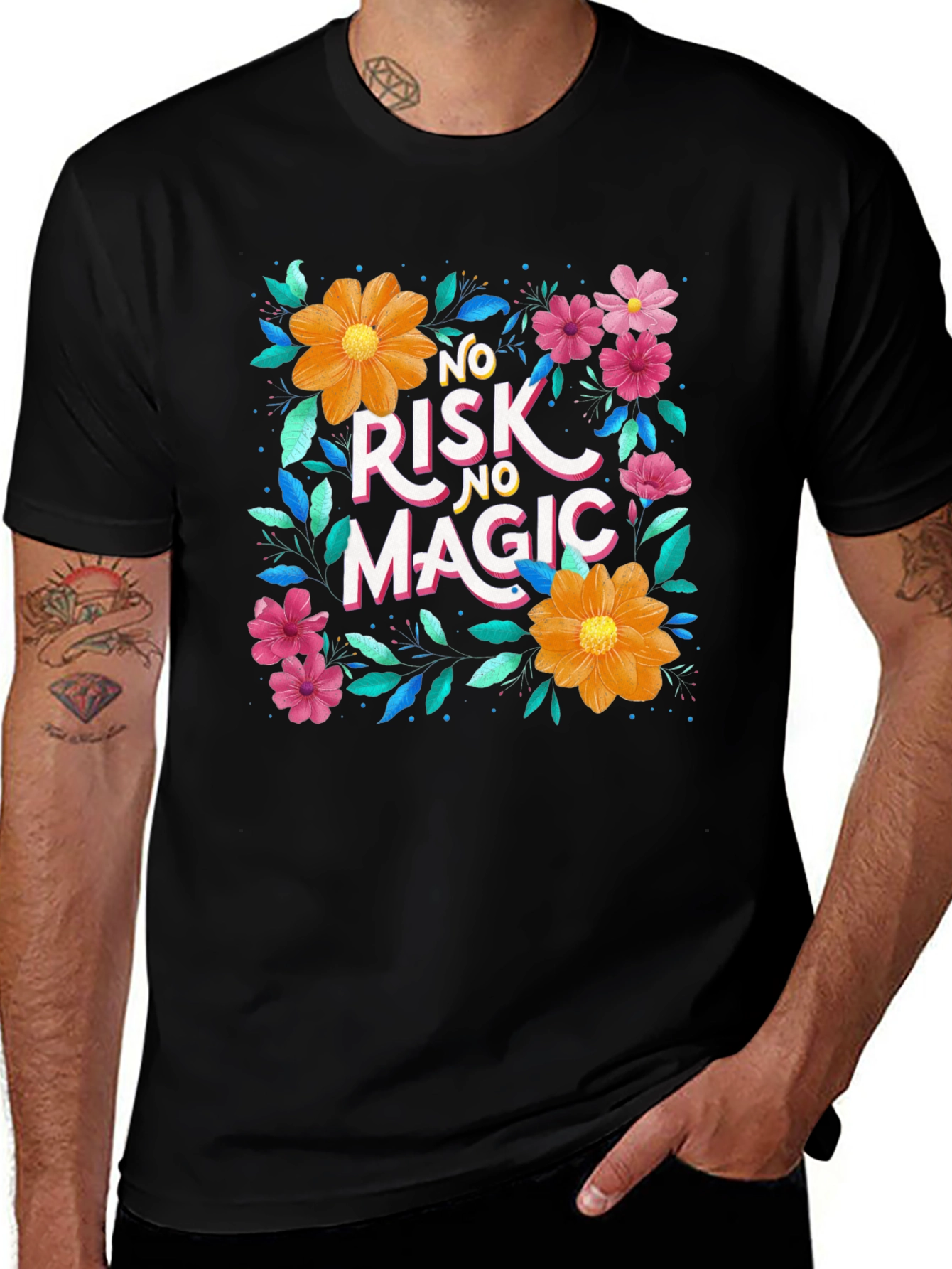 Floral "No Risk No Magic" Black Graphic T-Shirt