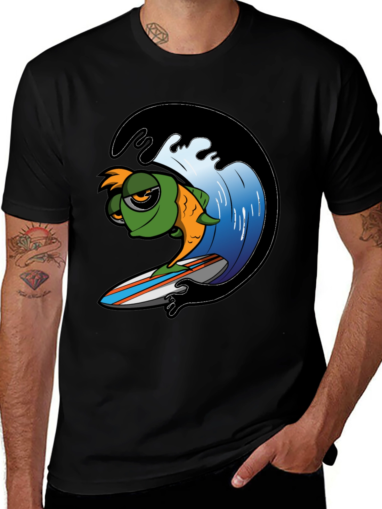 Variant 17 of Surfing Fish Graphic Tee - Black Cotton T-Shirt