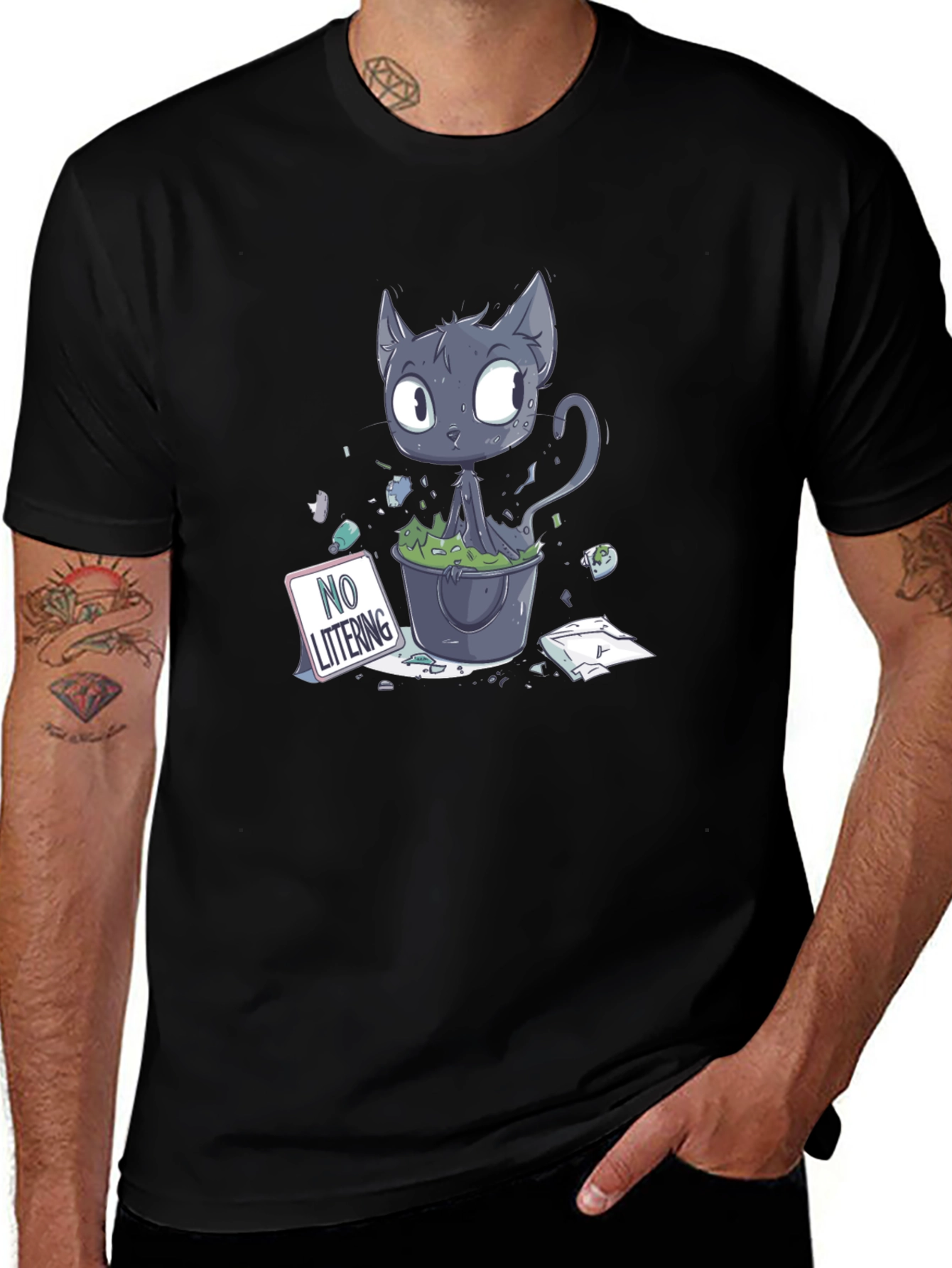 Variant 14 of Cartoon Cat Littering Black T-Shirt