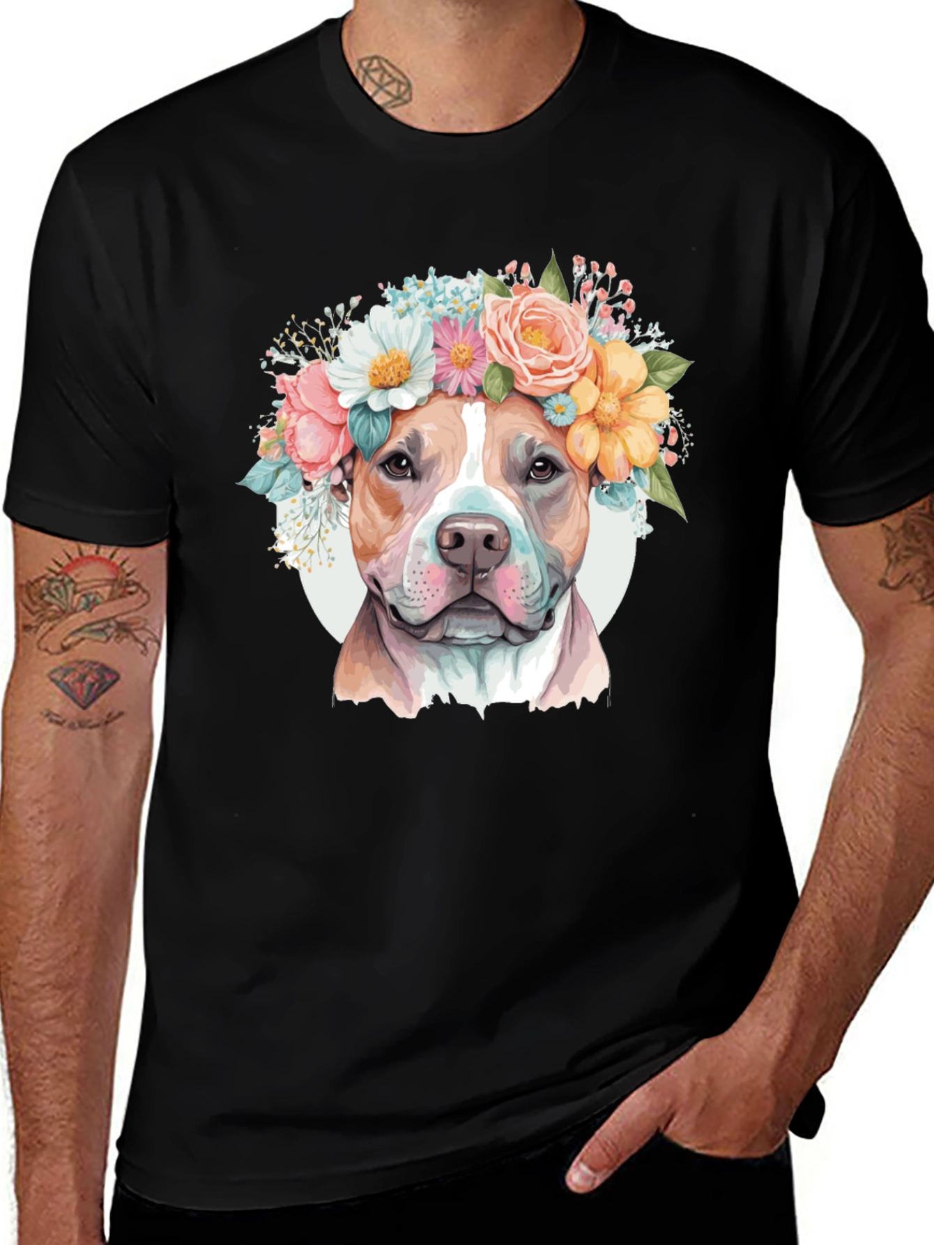 Variant 30 of Floral Crown Pitbull Black T-Shirt