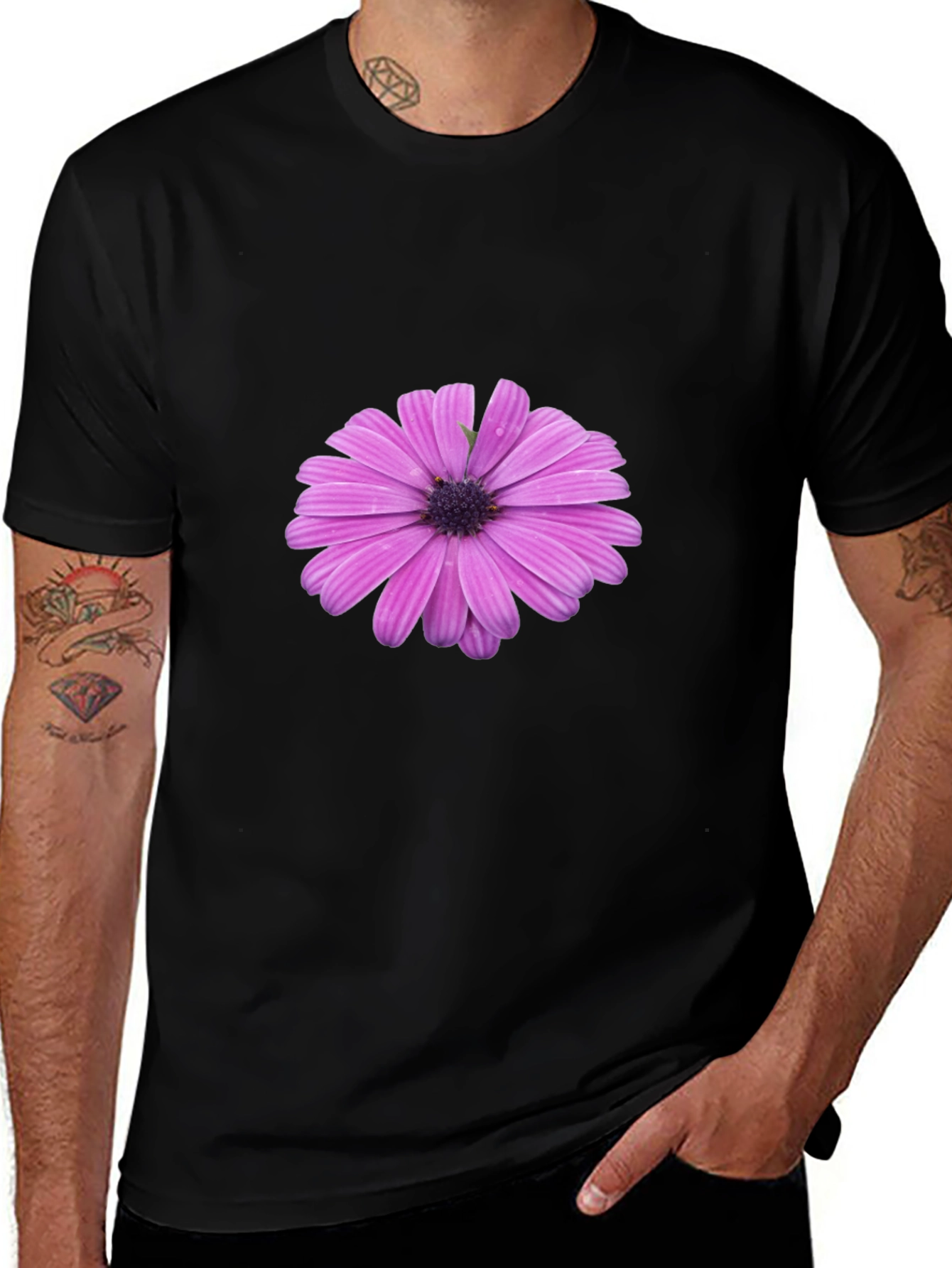 Variant 18 of Men's Black T-Shirt with Purple Flower Graphic