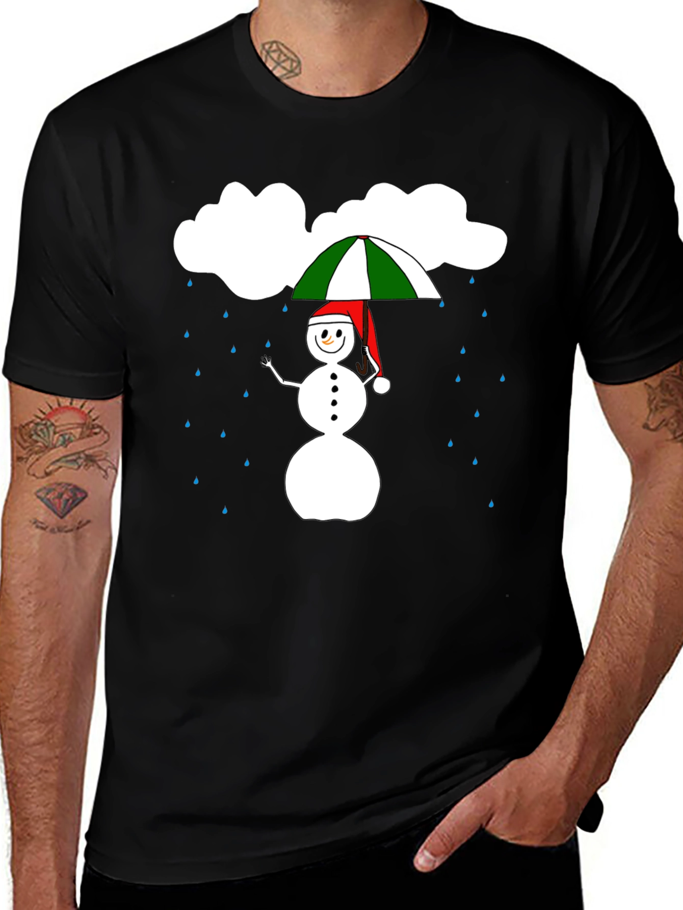 Variant 9 of Rainy Day Snowman Graphic Tee - Black Cotton
