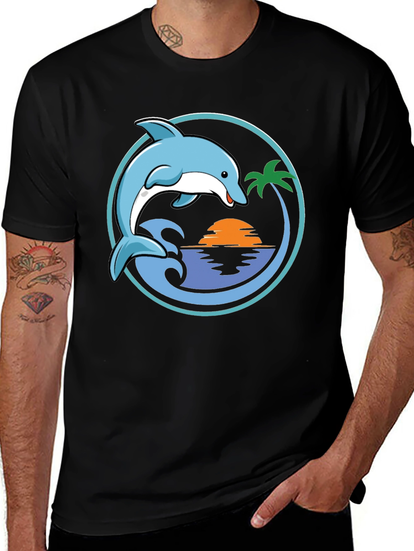 Variant 9 of Dolphin Sunset Graphic T-Shirt - Black