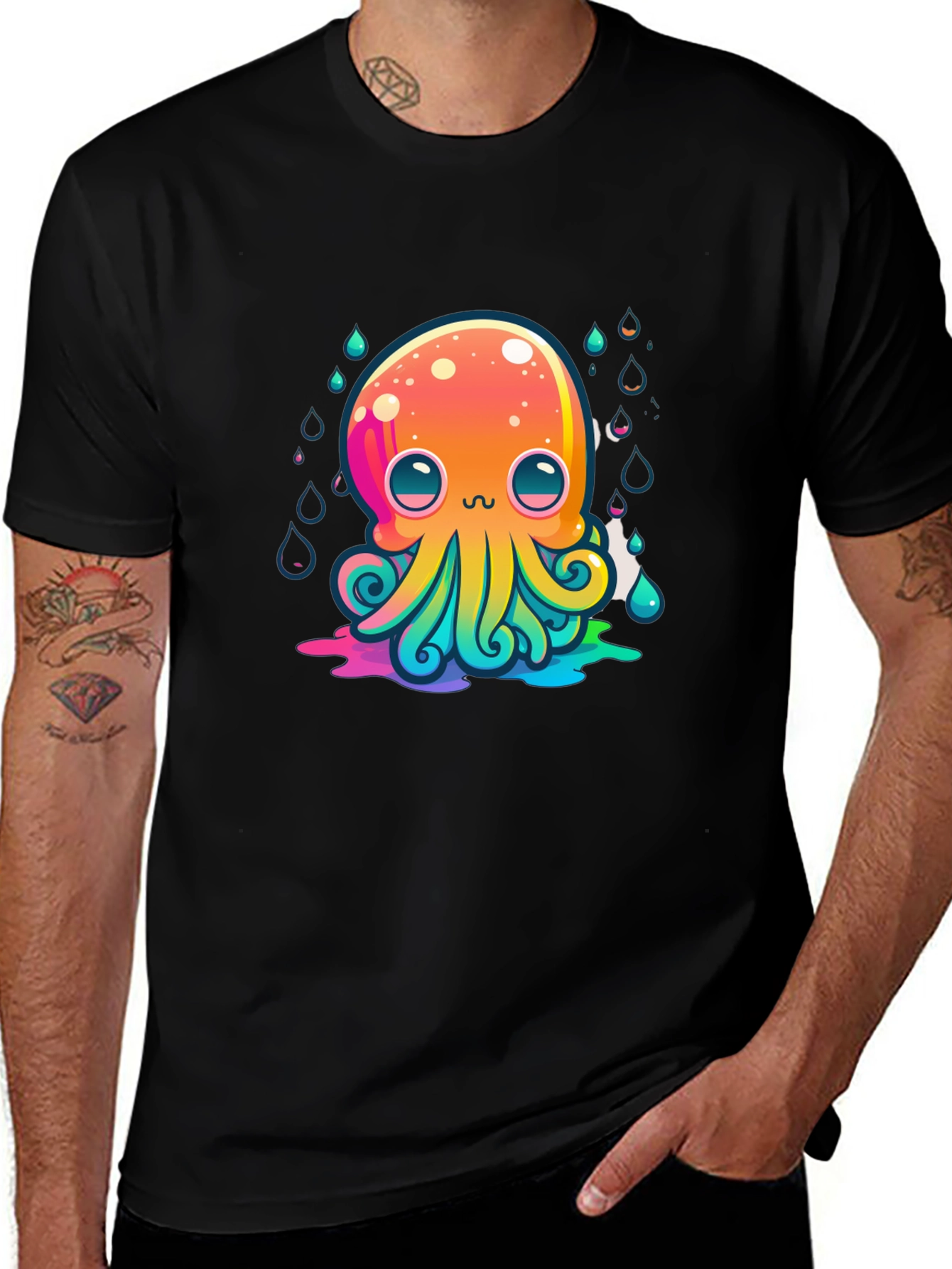 Variant 13 of Rainbow Octopus Graphic Tee - Men's Black T-Shirt