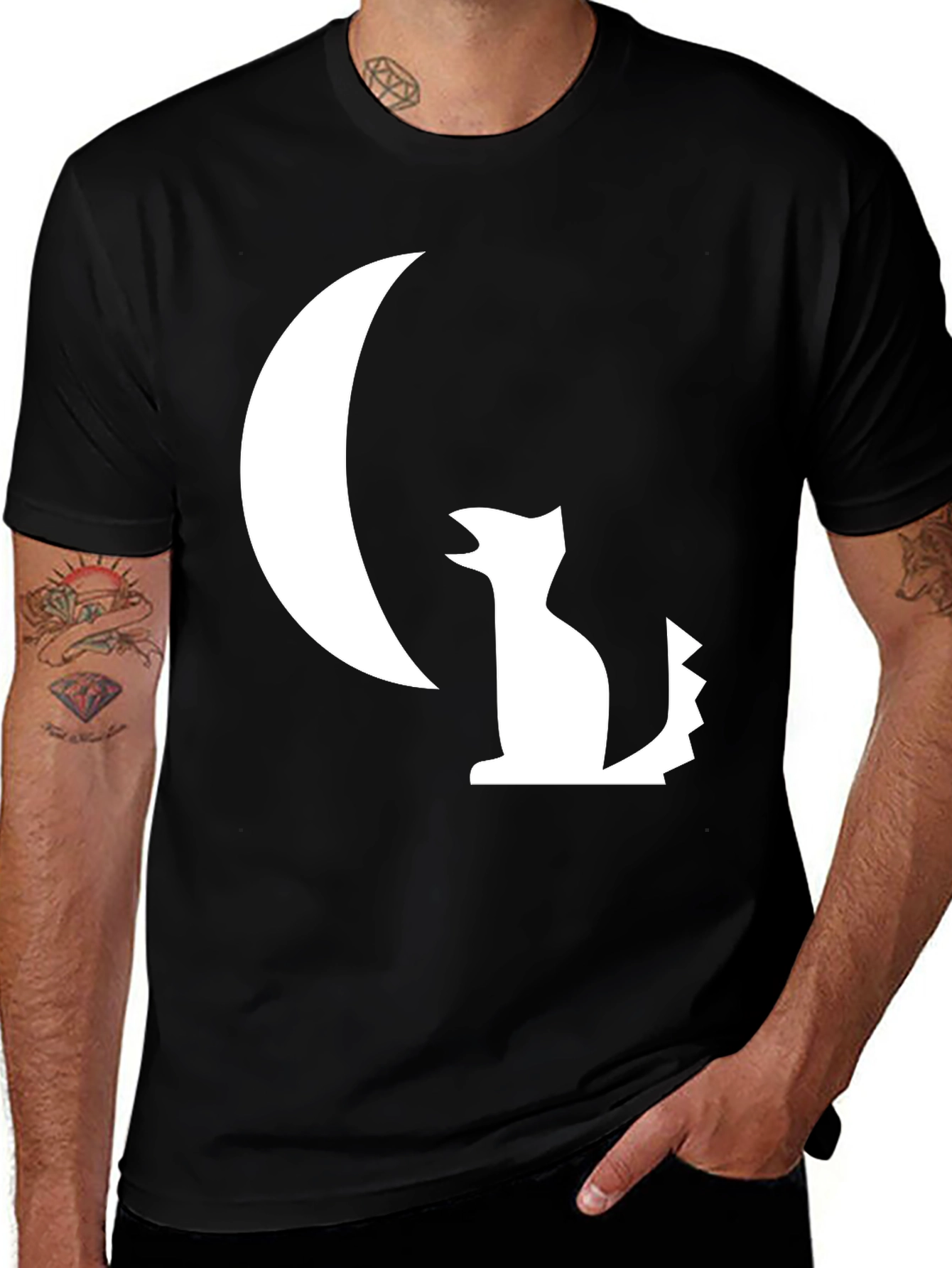 Variant 7 of Black T-Shirt with White Moon and Wolf Design