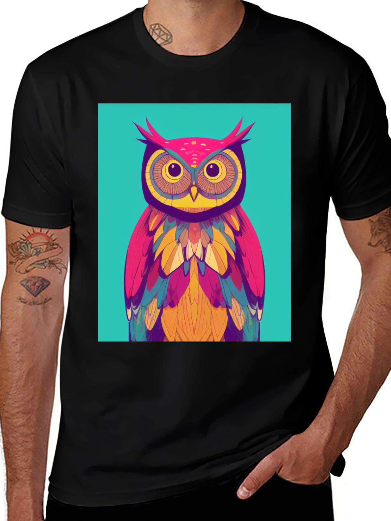 Variant 28 of Colorful Owl Graphic Tee - Funky Bird Design