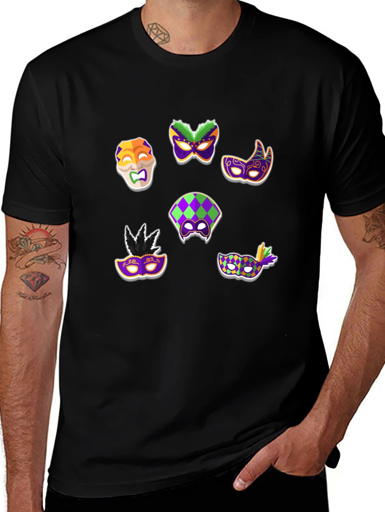 Mardi Gras Mask Graphic Tee - Black Cotton T-Shirt