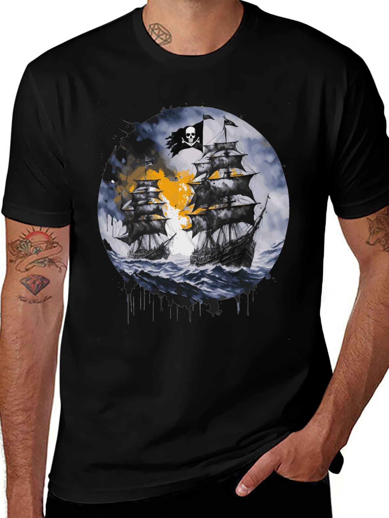 Variant 20 of Pirate Ship Graphic T-Shirt - Black Cotton Tee