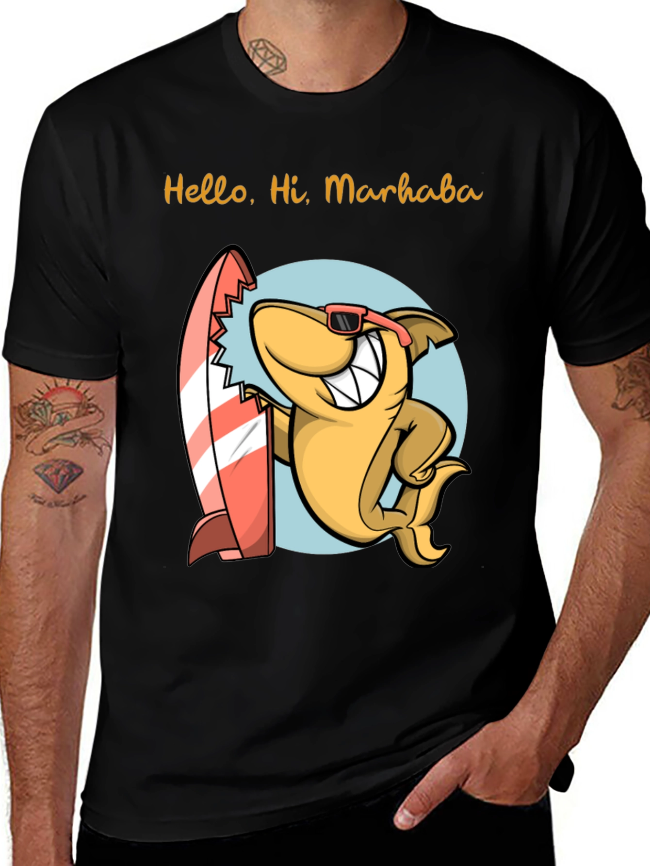 Variant 5 of Surfing Shark Graphic Tee - Hello, Hi, Marhaba