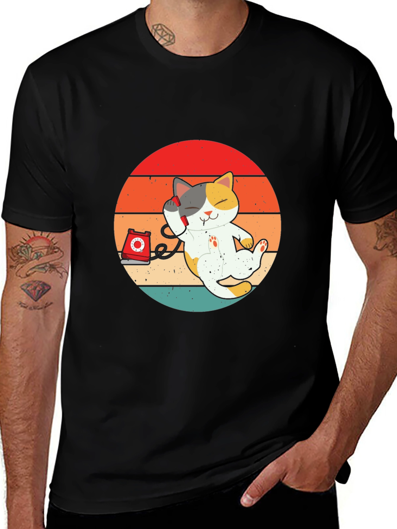 Variant 6 of Cute Cat on Phone Graphic Tee - Unisex Black T-Shirt