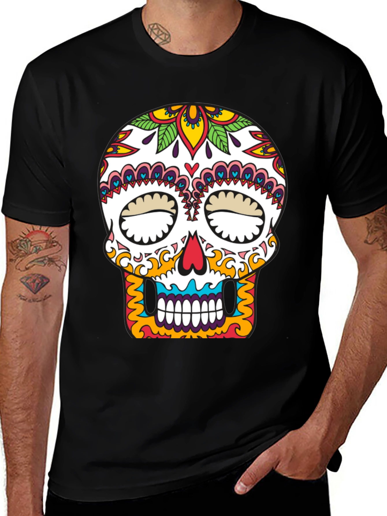 Variant 29 of Day of the Dead Skull Graphic Tee - Men's Black T-Shirt