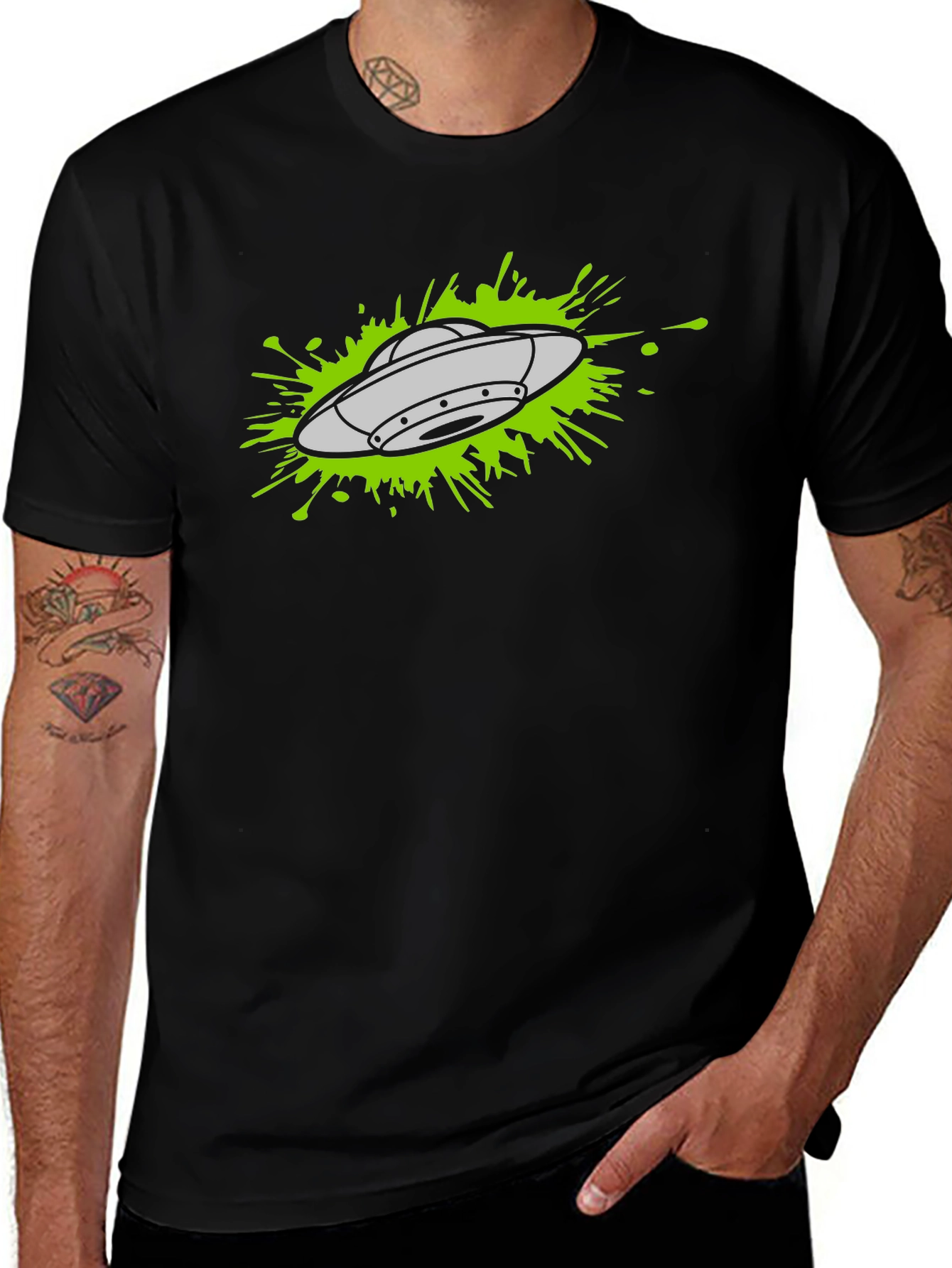 UFO Splatter Graphic Tee - Black Cotton T-Shirt